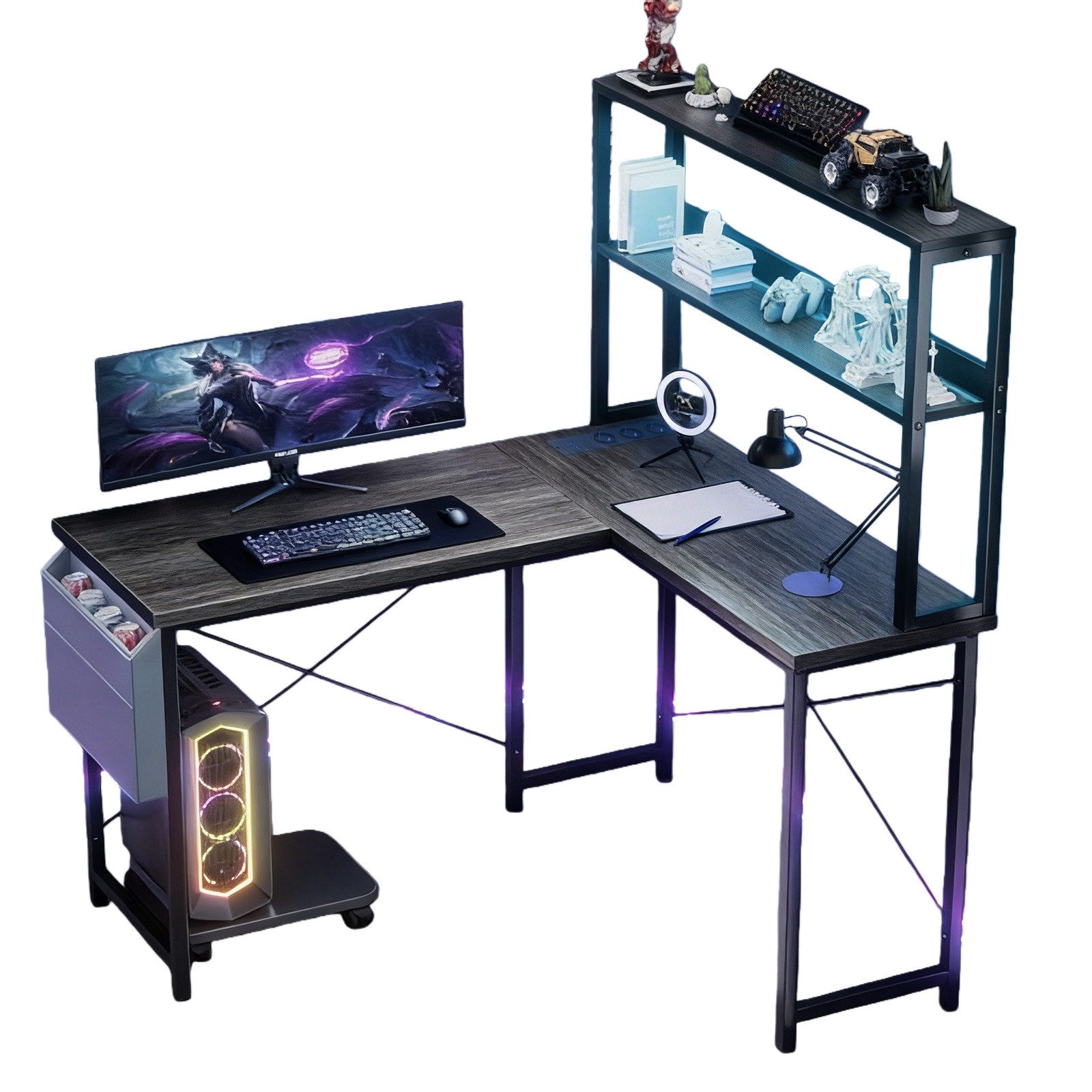 BBWL Computertisch Doppelstock-Computertisch mit RGB-LED, integrierter Steckdosenleiste, 135 × 100 × 75cm, PVC-Kanten und flexiblem PC-Halter