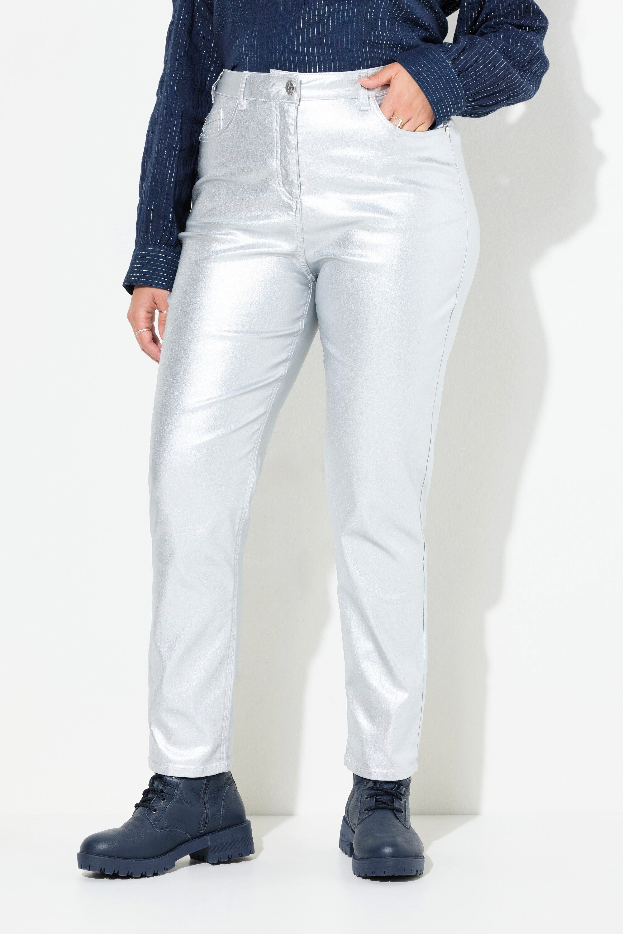 Ulla Popken Funktionshose Mom-Jeans Silber-Coating Komfortbund günstig online kaufen