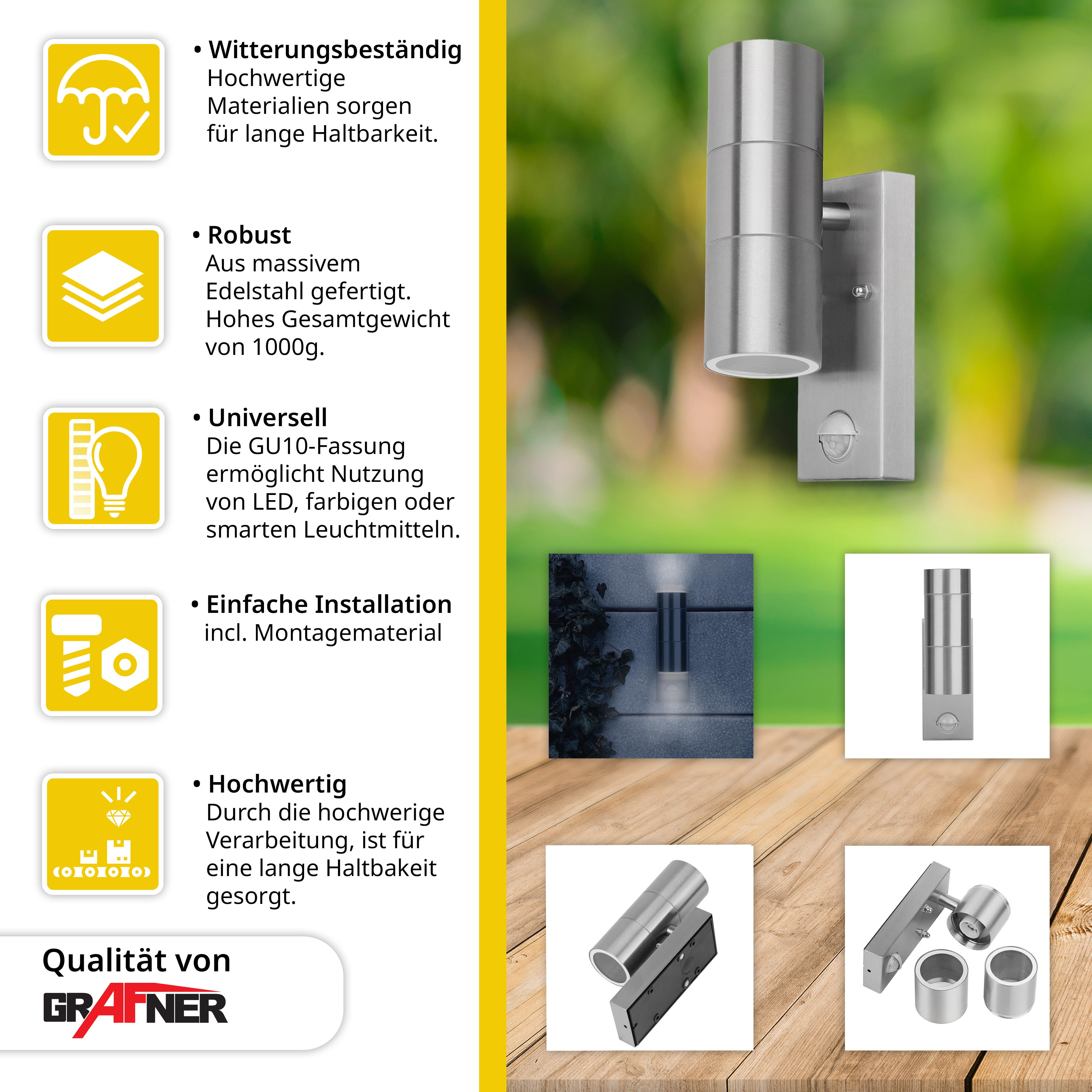 Grafner Außen-Wandleuchte Wandlampe mit Bewegungsmelder Edelstahl Up&Down 26APIR, Bewegungsmelder, ohne Leuchtmittel, Je nach Leuchtmittel – Bild 2 von 5