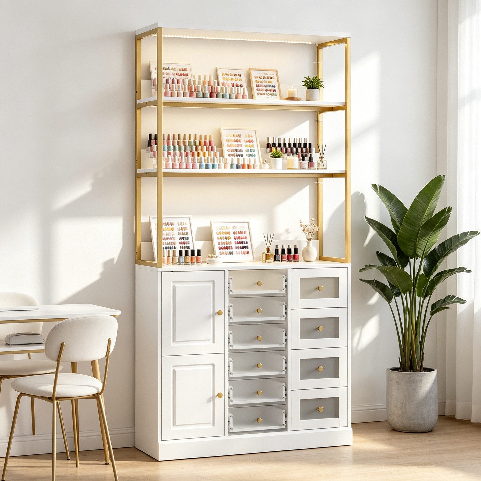 FUFU&GAGA Schminkschrank Nagelstudio-Schrank, Kommode 90cm mit 10 Schubladen, LED, Weiß – Bild 2 von 5
