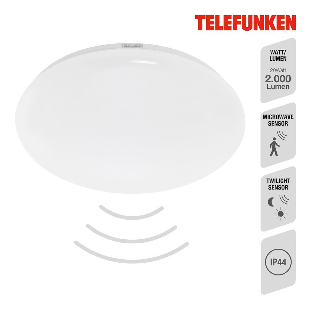 Telefunken LED Deckenleuchte 601306TF, Leuchtdauer einstellbar, LED fest integriert, 2700K - Extra-Warmweiß, Deckenleuchte Sensor 20W 2000lm 4000K Ø 40cm