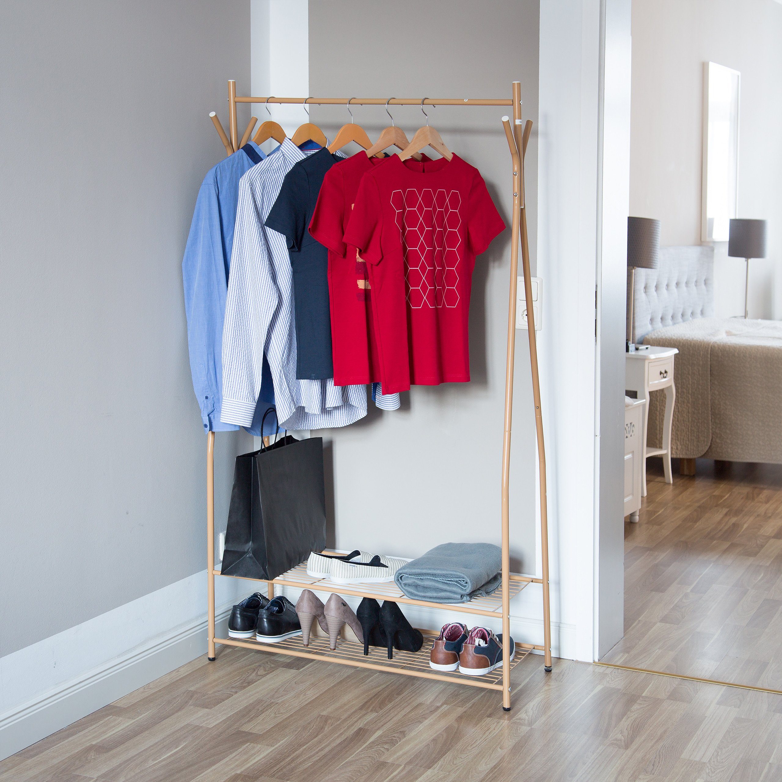 relaxdays Kleiderständer mit Schuhablage SANDRA, Honigbraun günstig online kaufen