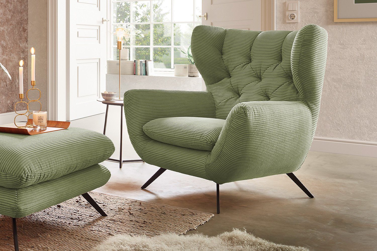 KAWOLA Sofa Farben Sitzgruppe Sessel (Set, versch. Cord Hockerbank CHARME, 3-tlg), olivgrün