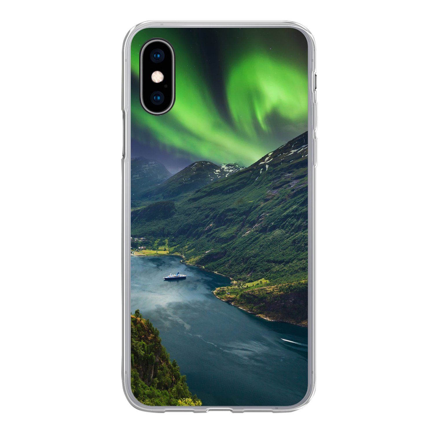 MuchoWow Handyhülle für Apple iPhone X Nordlichter - Berg - Boot - Norwegen, Smartphone-Bumper, Print, Handy Schutzhülle Dünn