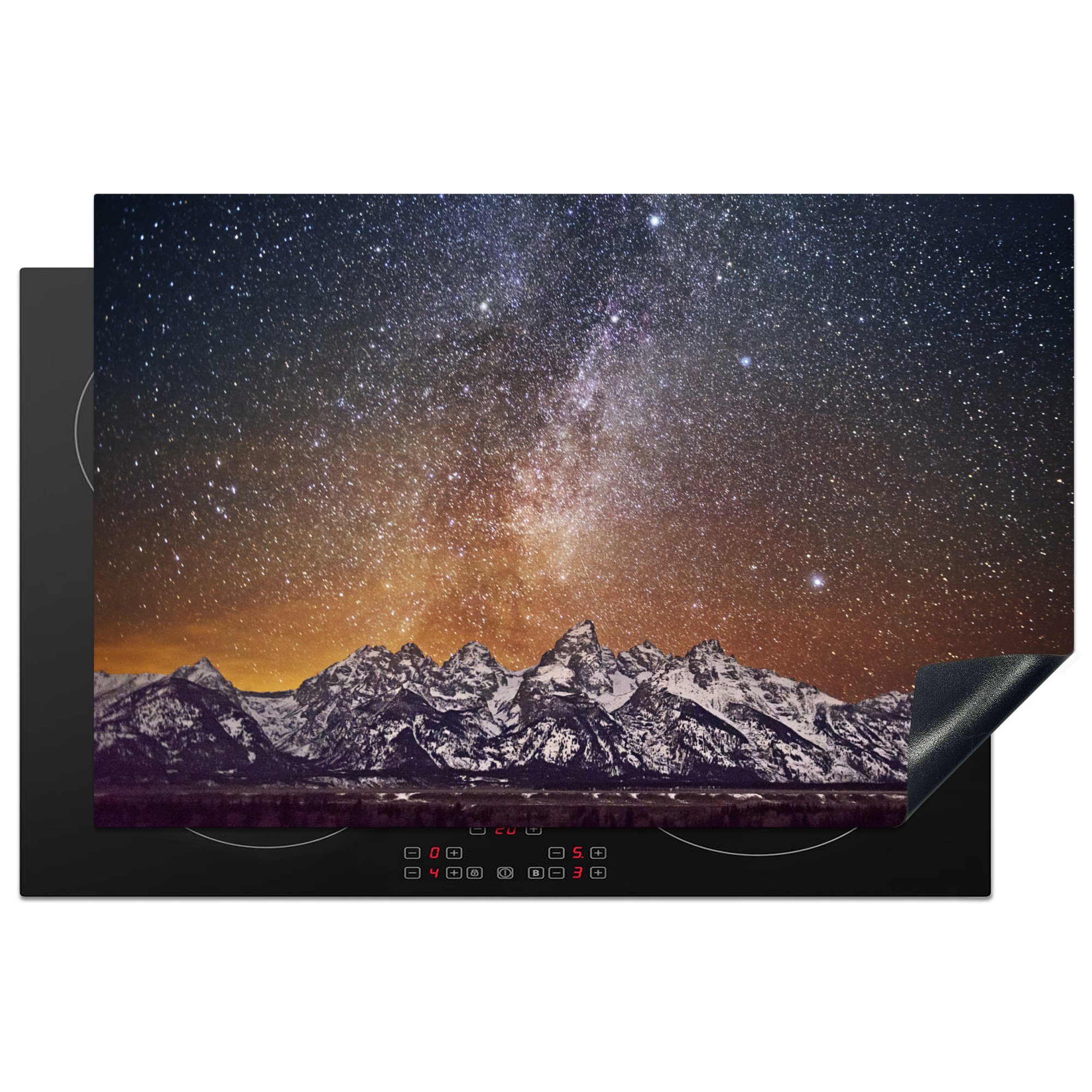 MuchoWow Herdblende-/Abdeckplatte Die Milchstraße beleuchtet die schneebedeckten Teton Mountains, Vinyl, (1 tlg), 81x52 cm, Induktionskochfeld Schutz für die küche, Ceranfeldabdeckung