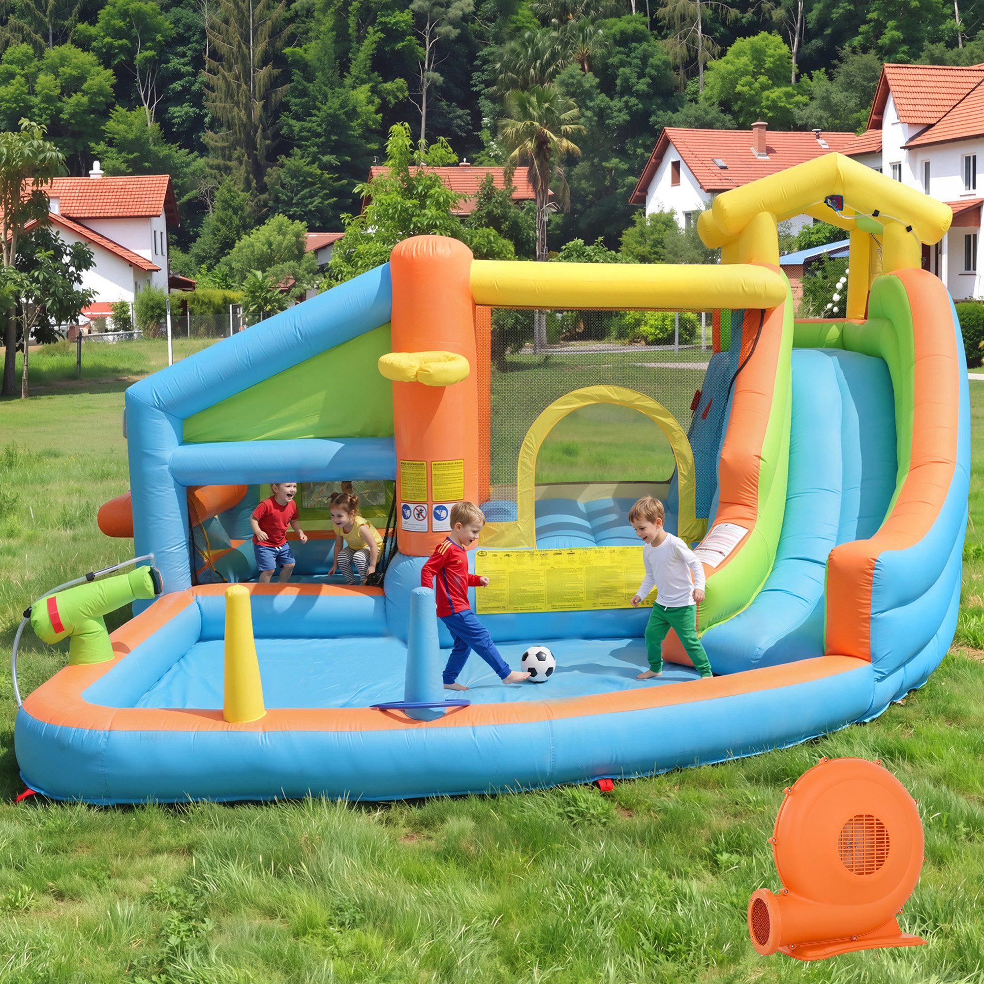 Hüpfburg Wasserpark mit Rutsche, Basketballkorb, Spielküche & Ringwurf