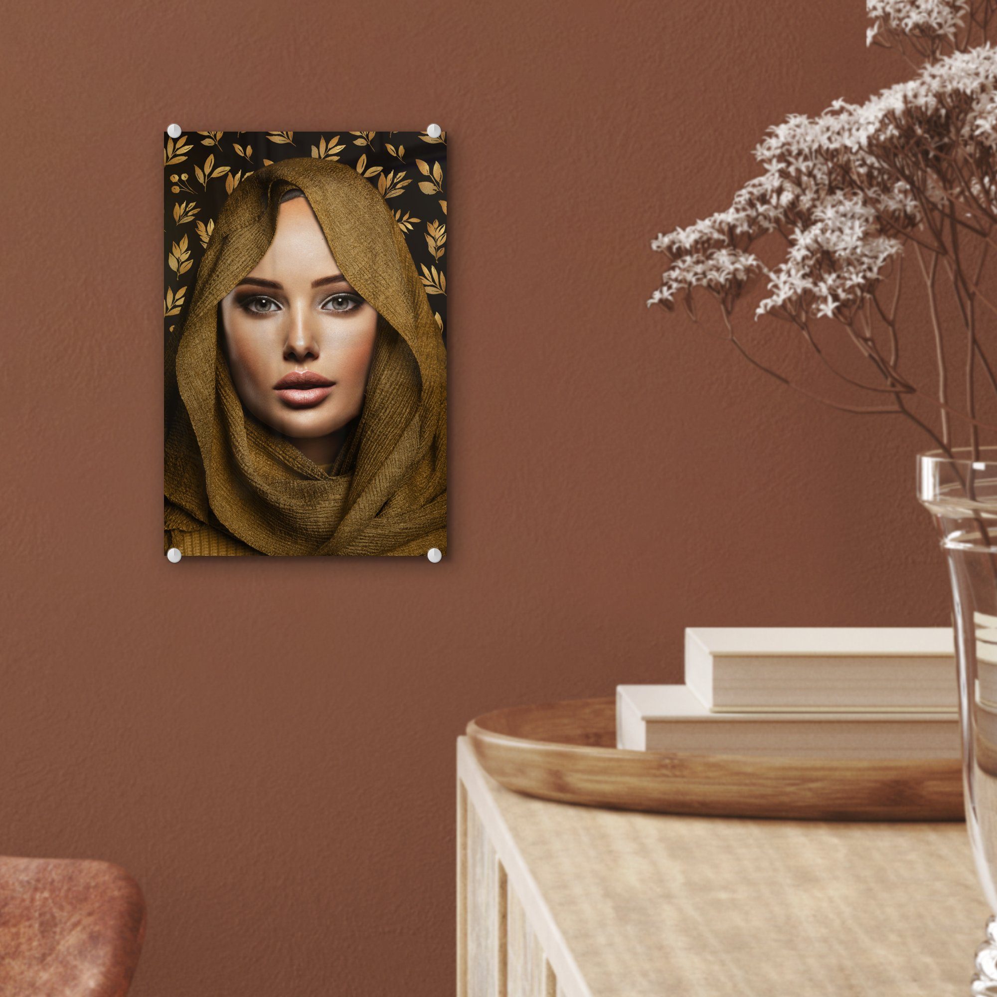 St), Glasbilder - Glas - - Acrylglasbild Kopftuch, auf MuchoWow Laub auf - Frau (1 - Wanddekoration Foto Glas Bilder Wandbild