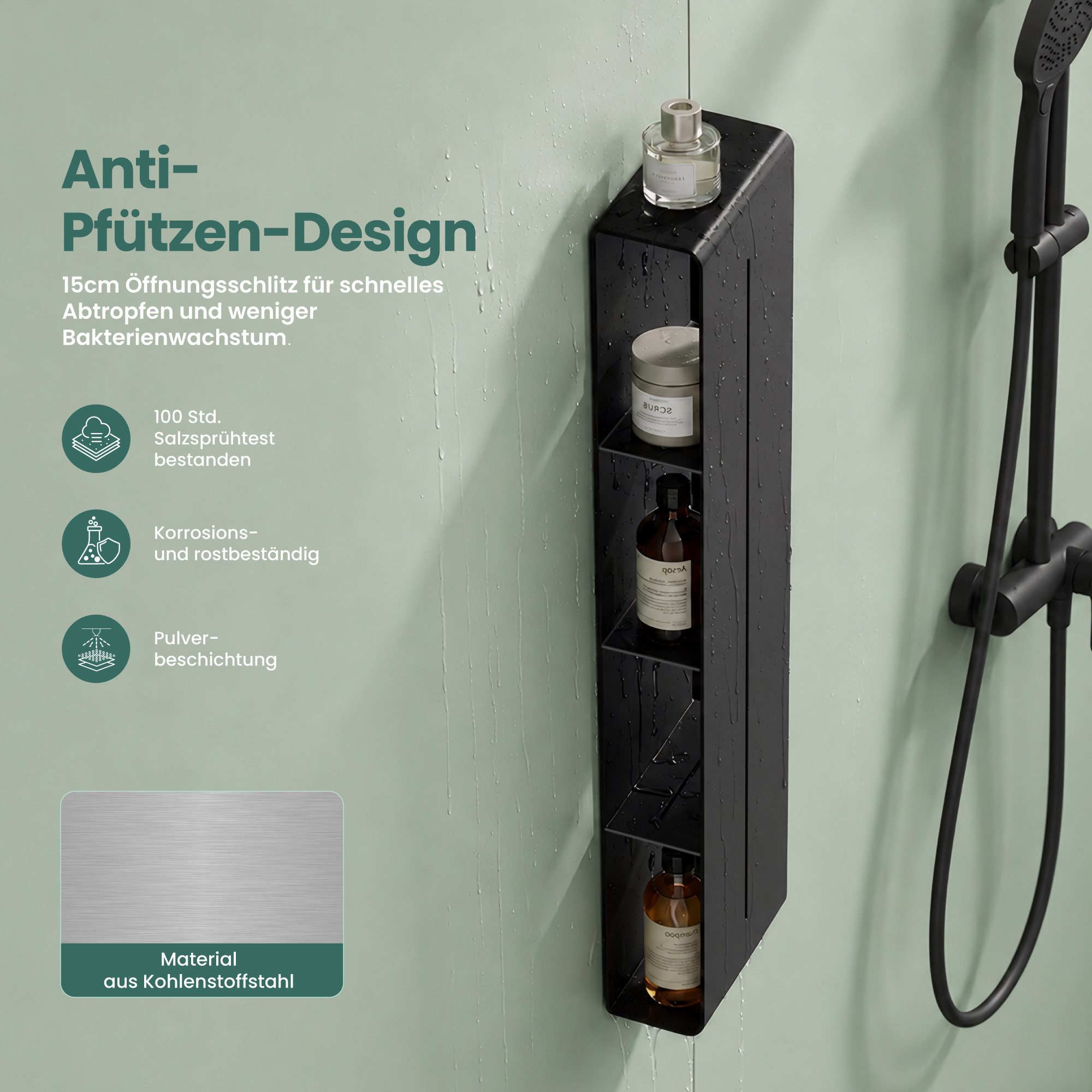 Mai & Mai Duschregal Duschablage schmal mit 4 Ablagen in Weiß hoher Ebenenabstand Reglo-16, 15 cm lange Ablauföffnungen für schnellen Wasserabfluss – Bild 3 von 5