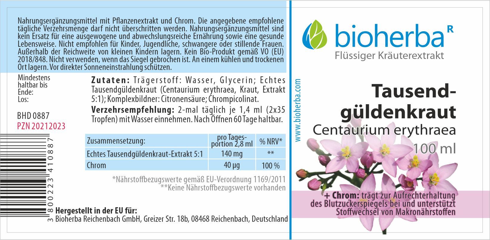 BIOHERBA R Tausendgüldenkraut Tropfen Tinktur 100 ml Nahrungsergänzungsmittel