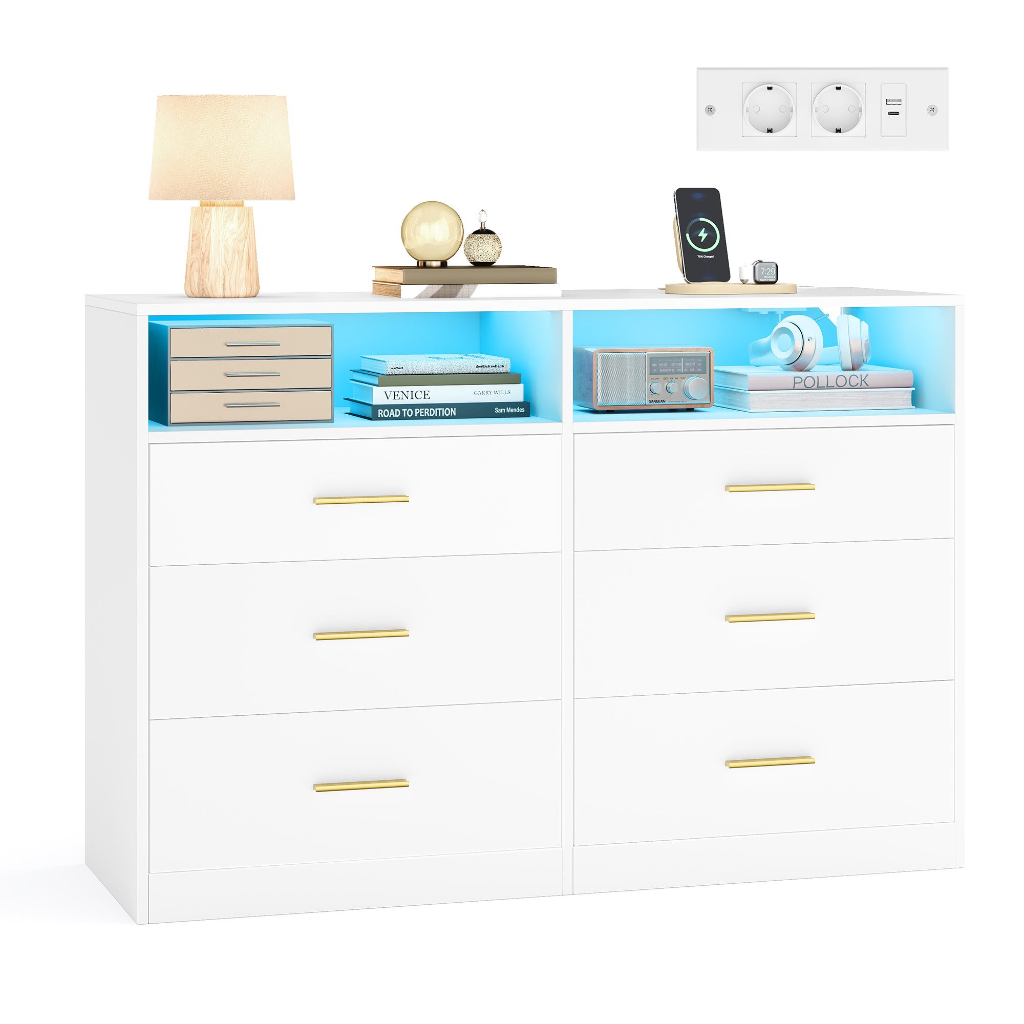 VASAGLE Kommode, Kommodenschrank mit LED-Beleuchtung und Steckdosenleiste, Sideboard
