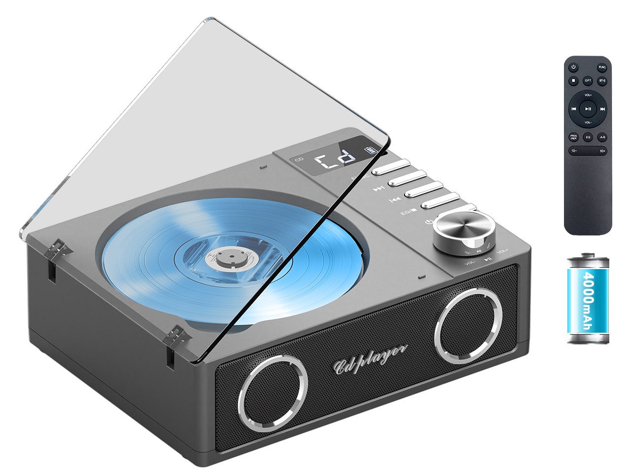 Greadio Tragbarer Desktop CD Player mit Bluetooth, LED-Display tragbarer CD-Player (Bluetooth, Stereo Surround,USB/TF/AUX, schwarz,für Auto/ Zuhause)