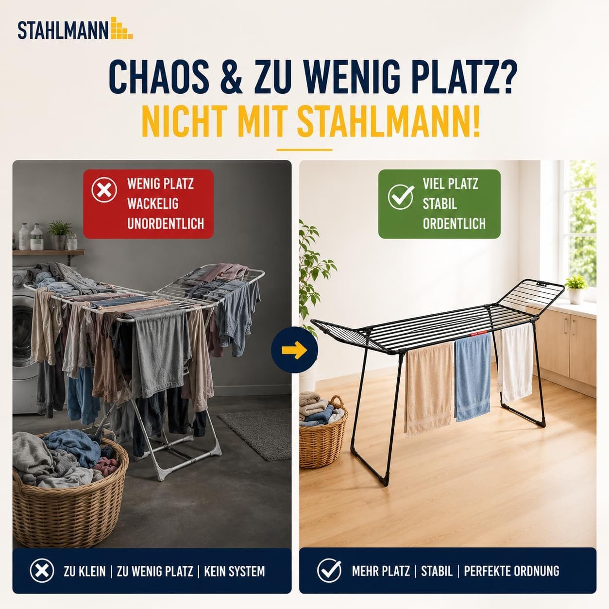 STAHLMANN COMMERCE GmbH Wäscheständer ausziehbar mit Flügeln, 30 m Trockenfläche, klappbar, schwarz, mit Rollen und Sockenhalter