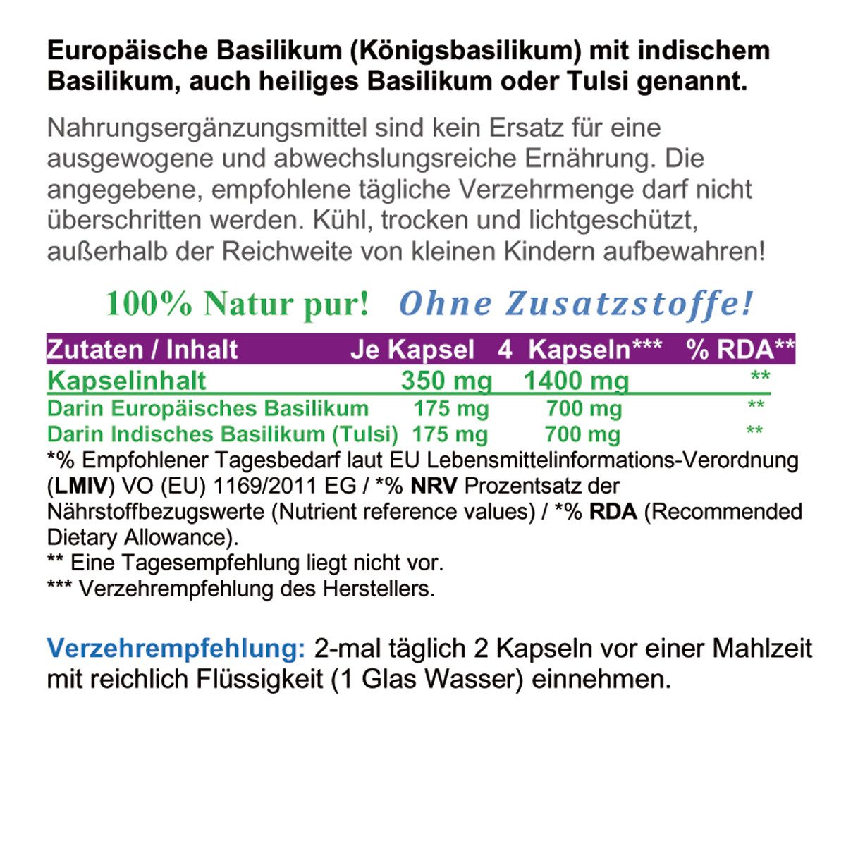 VitalLife Basilikum Tulsi NATUR pur KEIN Extrakt OHNE Zusatzstoffe Kapseln, 1 er Dose à 180 St., 81 g, Art. 26417-180
