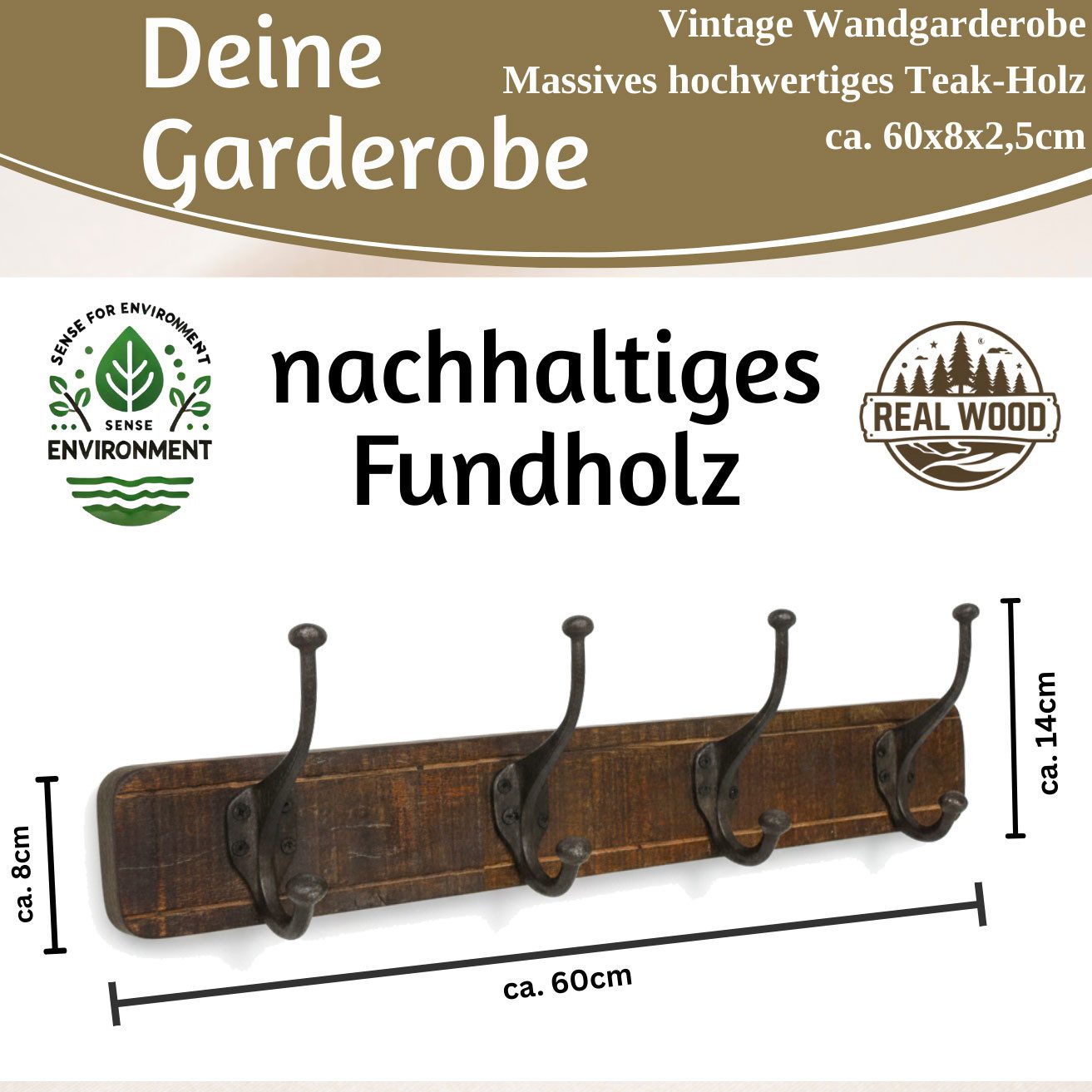 LS-LebenStil Wandgarderobe Vintage Teak Holz 60cm 4/8 Haken Jackenhalter Braun Garderobe (Serie Delhi, indisches Fundholz, 1 St., Nachhaltige Teak Holz Hakenleiste 4 Haken Garderobenhaken Kleiderhaken)