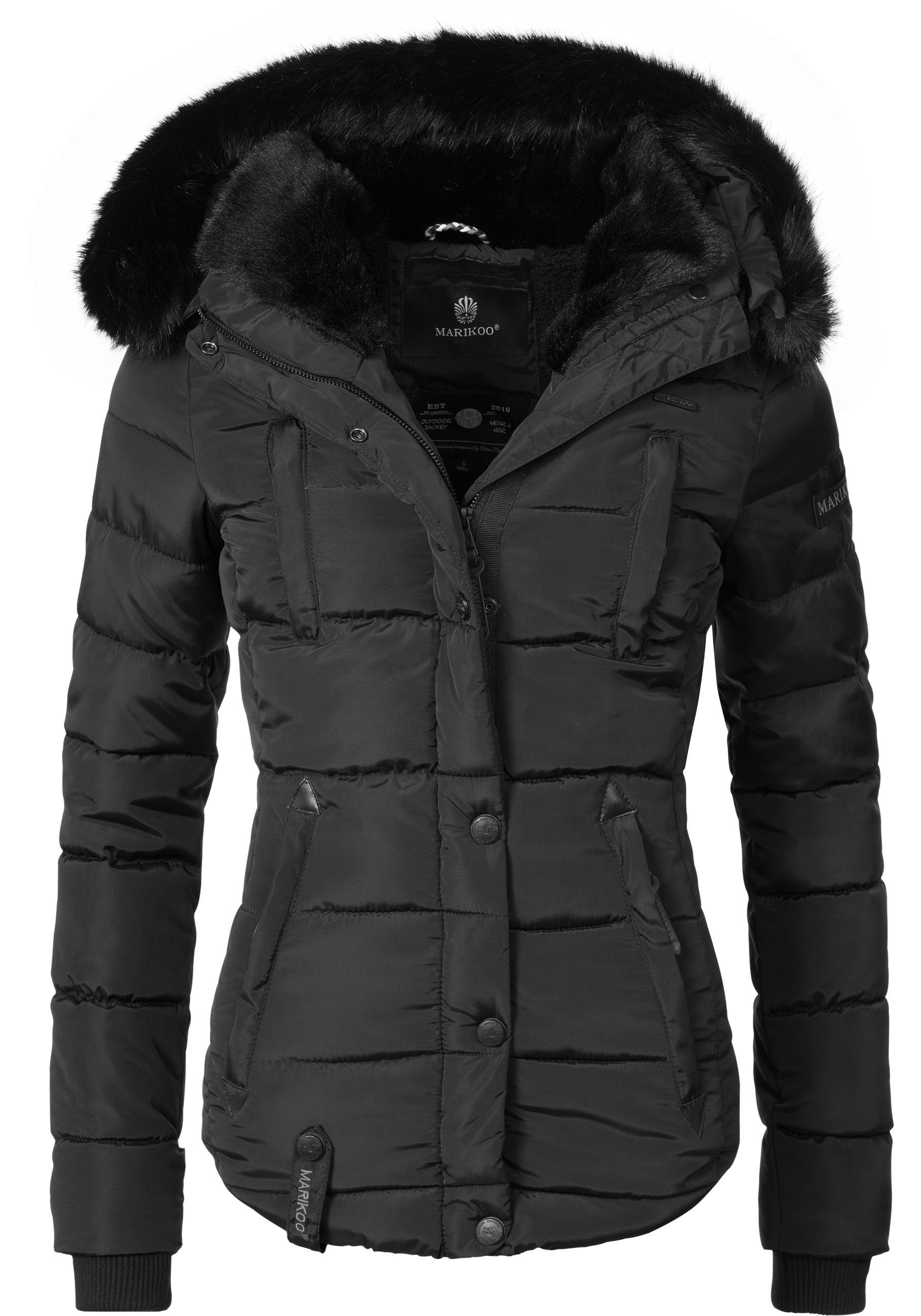 Marikoo Steppjacke Lotusblüte schwarz Jacke Winter edler mit hochwertige Kunstpelz Kapuze