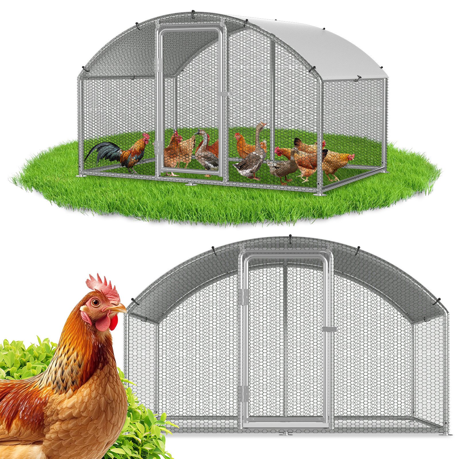 Clanmacy Hühnerstall Hühnerstall 3x2x2m Kuppeldach Freilaufgehege verzinkt mit PE-Dach, Verzinkter Rahmen, PE-Dach, PVC-beschichtetes Drahtnetz von Clanmacy