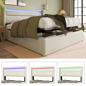 BlingBin Polsterbett Stauraumbett Doppelbett mit LED-Leuchten 160x200cm Weiß (mit Großer Bettkasten und Fernbedienung), Gesamtabmessung 202x166x107.5 cm