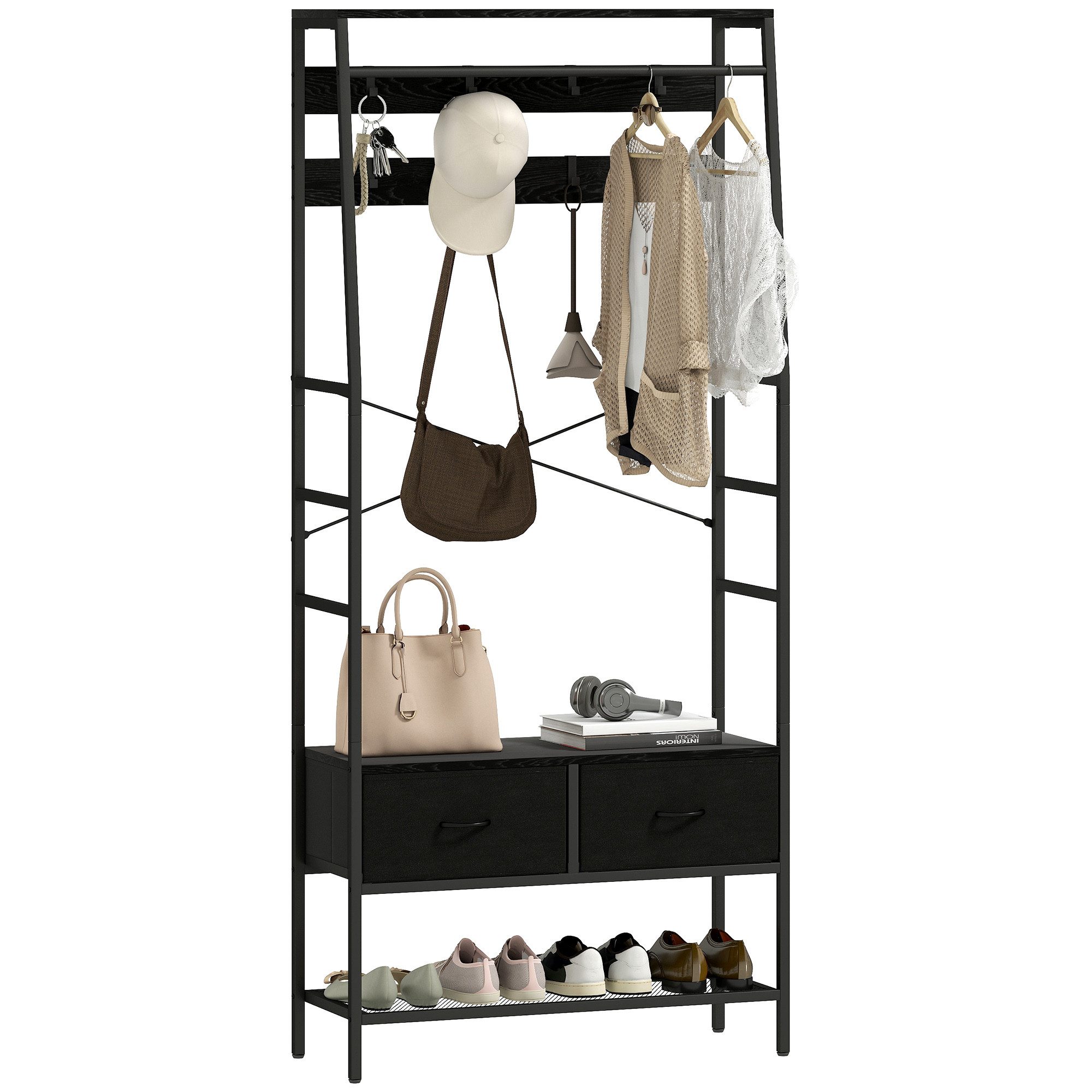 HOMCOM Garderobenständer mit Schuhregal, 2 Schubladen, 8 Haken, Ablage, (Kleiderständer, 1 St., Garderobe), für Eingangsbereich, Flur, Schlafzimmer, Schwarz