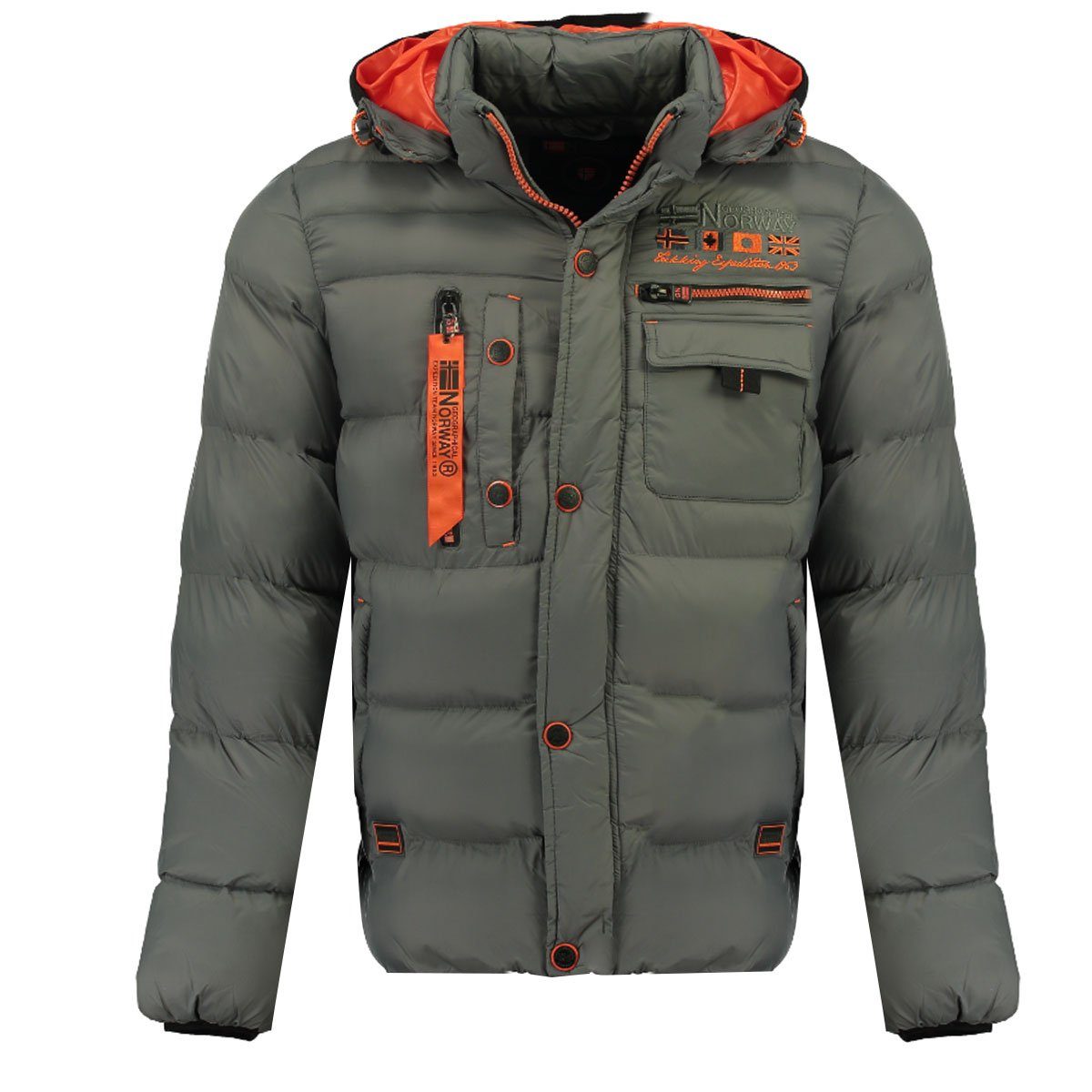 Geographical Norway Winterjacke Citernier Großen Herren Steppjacke warme Kapuze, in mit mit gefütterte Grau abnehmbarer Stehkragen, enthältich, auch Größen