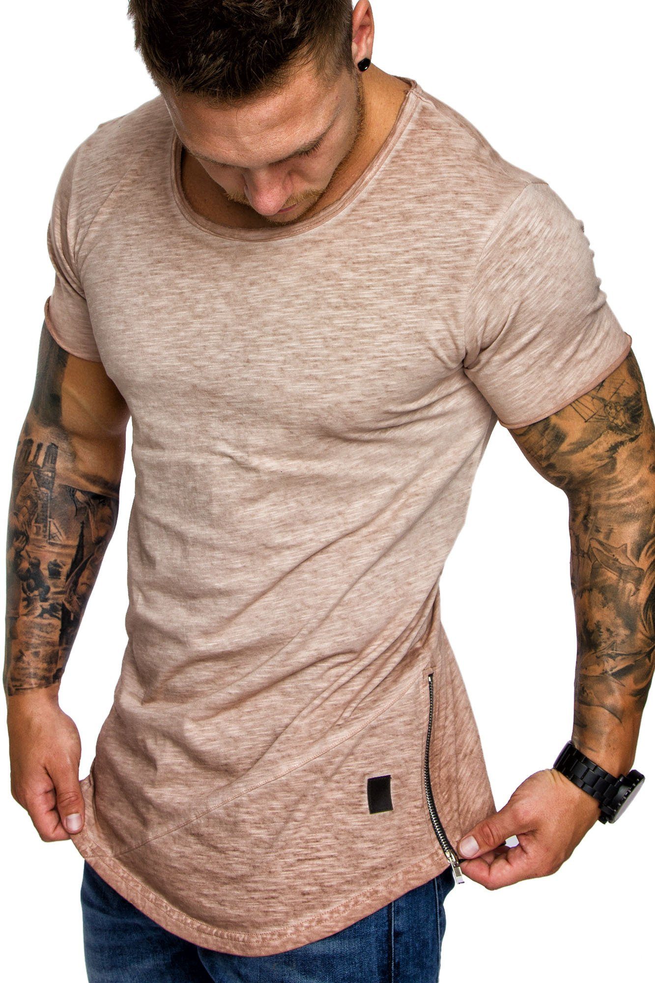 Amaci&Sons T-Shirt Zipper Shirt Crew Verwaschen Basic Neck Rundhals Herren Vintage Oversize AUSTIN Beige