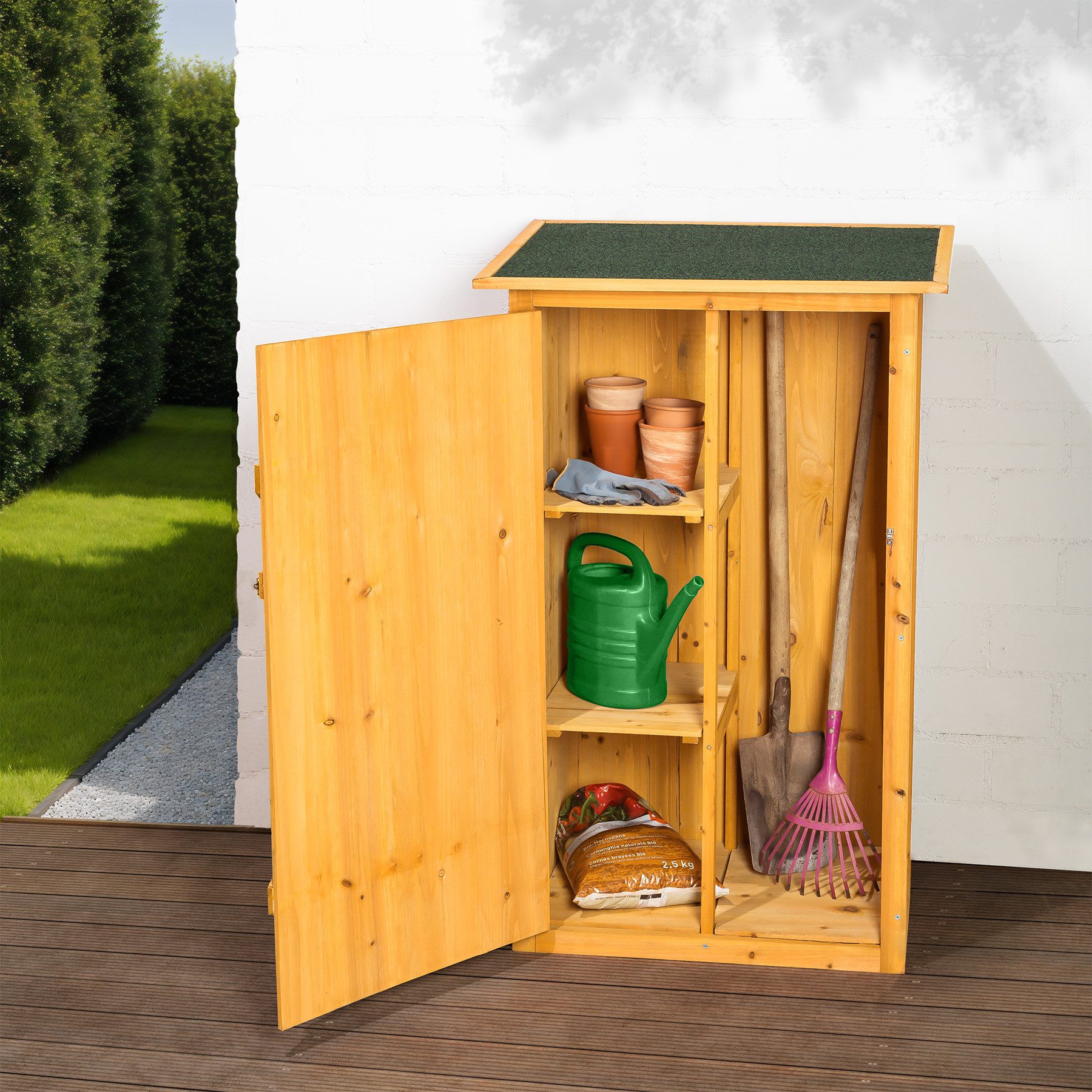 tectake Geräteschrank Gartenschrank, 75 x 56 x 118 cm, gefertigt aus imprägniertem (Terrassenschrank Taman, 1-St., in braun) Zwei Regalböden, Dachpappe aus Bitumen, mit Riegelverschluss