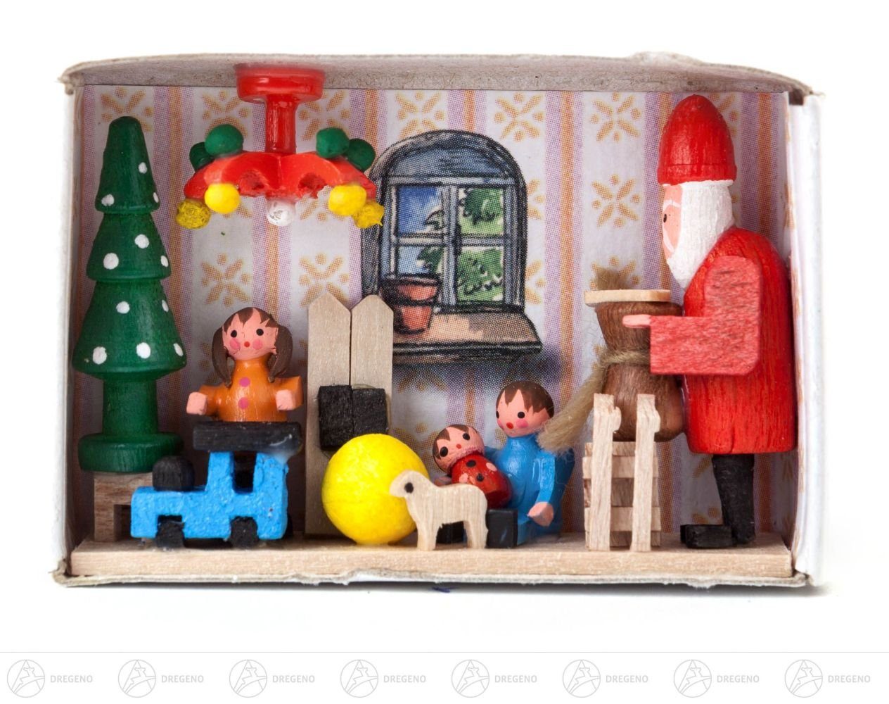 Dregeno Erzgebirge Weihnachtsfigur Miniatur Zündholzschachtel Bescherung Breite x Höhe ca 5,5 cmx4 cm, für Setzkasten
