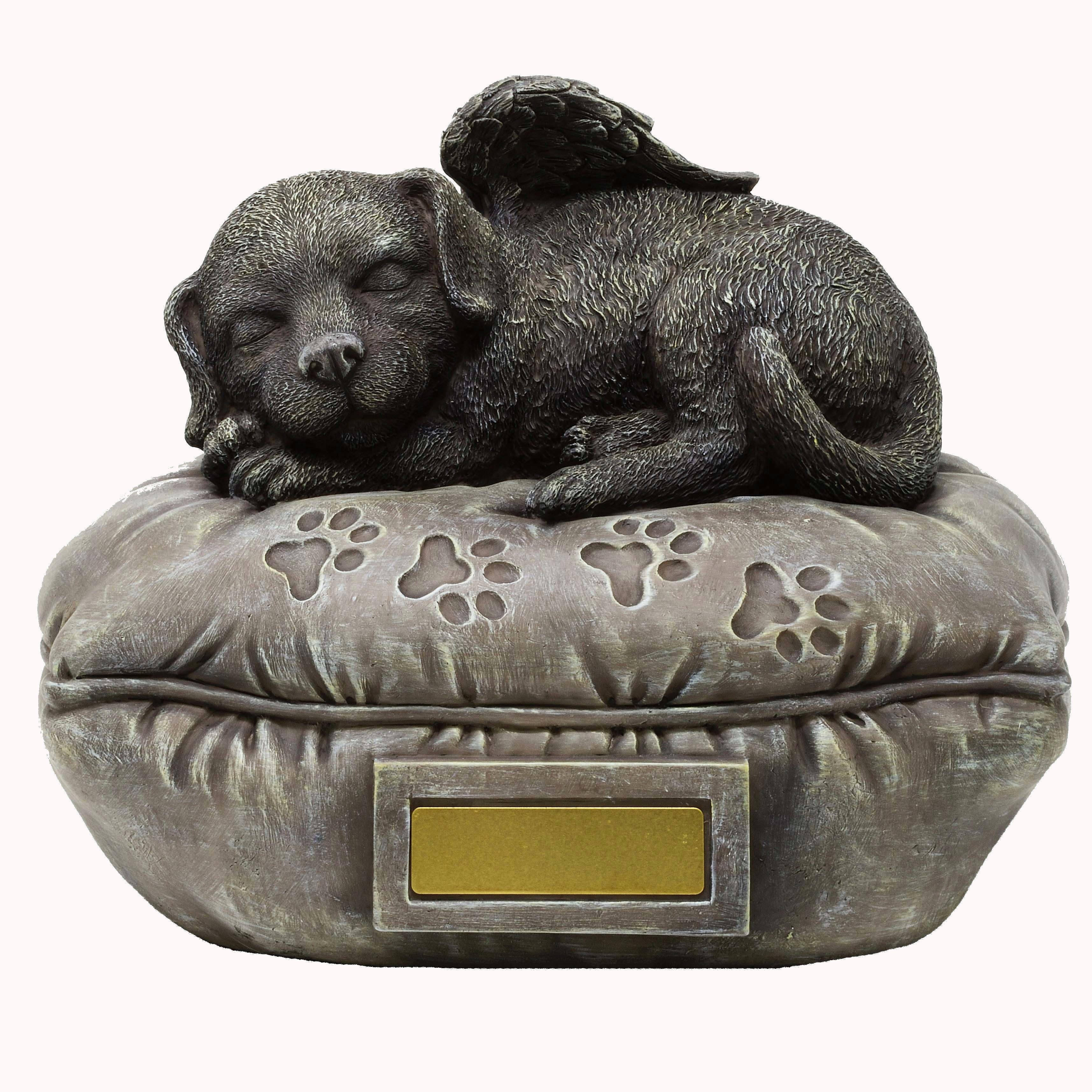 MystiCalls Dekofigur Hundeurne Urne Hund liegt auf Kissen - Tierurne Hunde Urne (1 St), Fassungsvolumen ca. 3 Liter (Hunde bis ca. 60 kg)