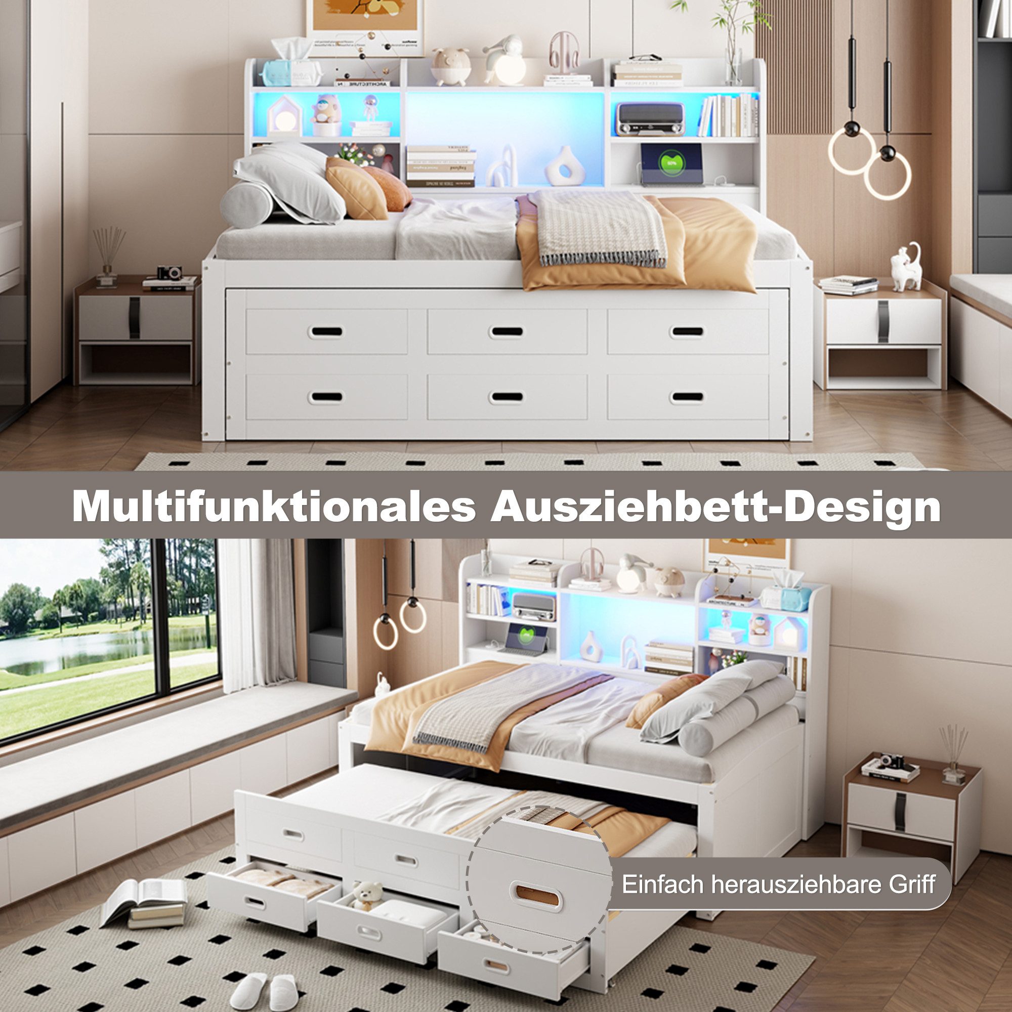 HAUSS SPOLE Schlafsofa 90 x 200cm mit Ausziehbett Led-fernbedienung, 3 schubladen, Weiß, 90x200 mit LED & 3 Schubladen, USB+Typ-C, Ausziehbett, ohne Matratze