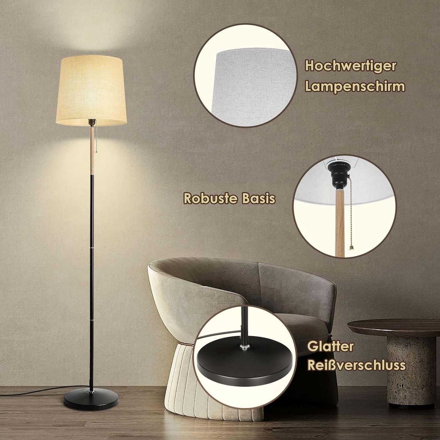 TLGREEN Stehlampe LED Stehleuchte, Wohnzimmerlampe, E27 Lampensockel, Max. 60W, ohne Leuchtmittel, 170cm Höhe für Wohnzimmer, Schlafzimmer, Arbeitszimmer, Stehlampe Leinen Lampenschirm