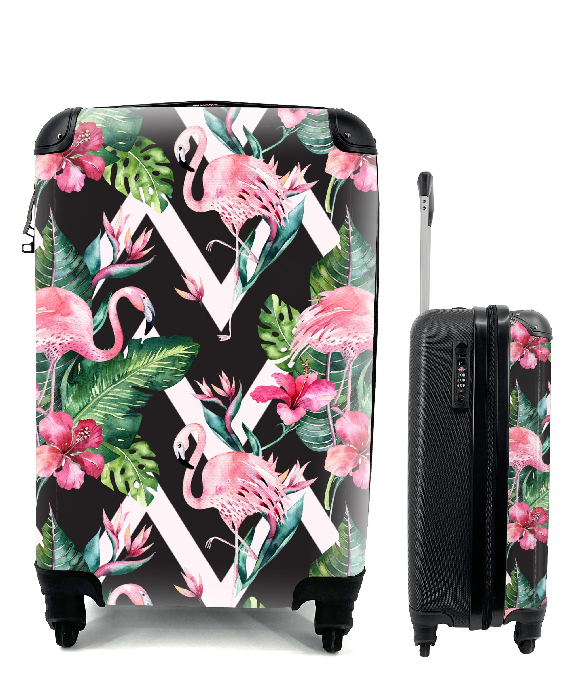 MuchoWow Handgepäckkoffer für 4 Flamingo, Handgepäck Rollen, Blumen Ferien, - mit Trolley, Muster Reisekoffer Reisetasche rollen, 