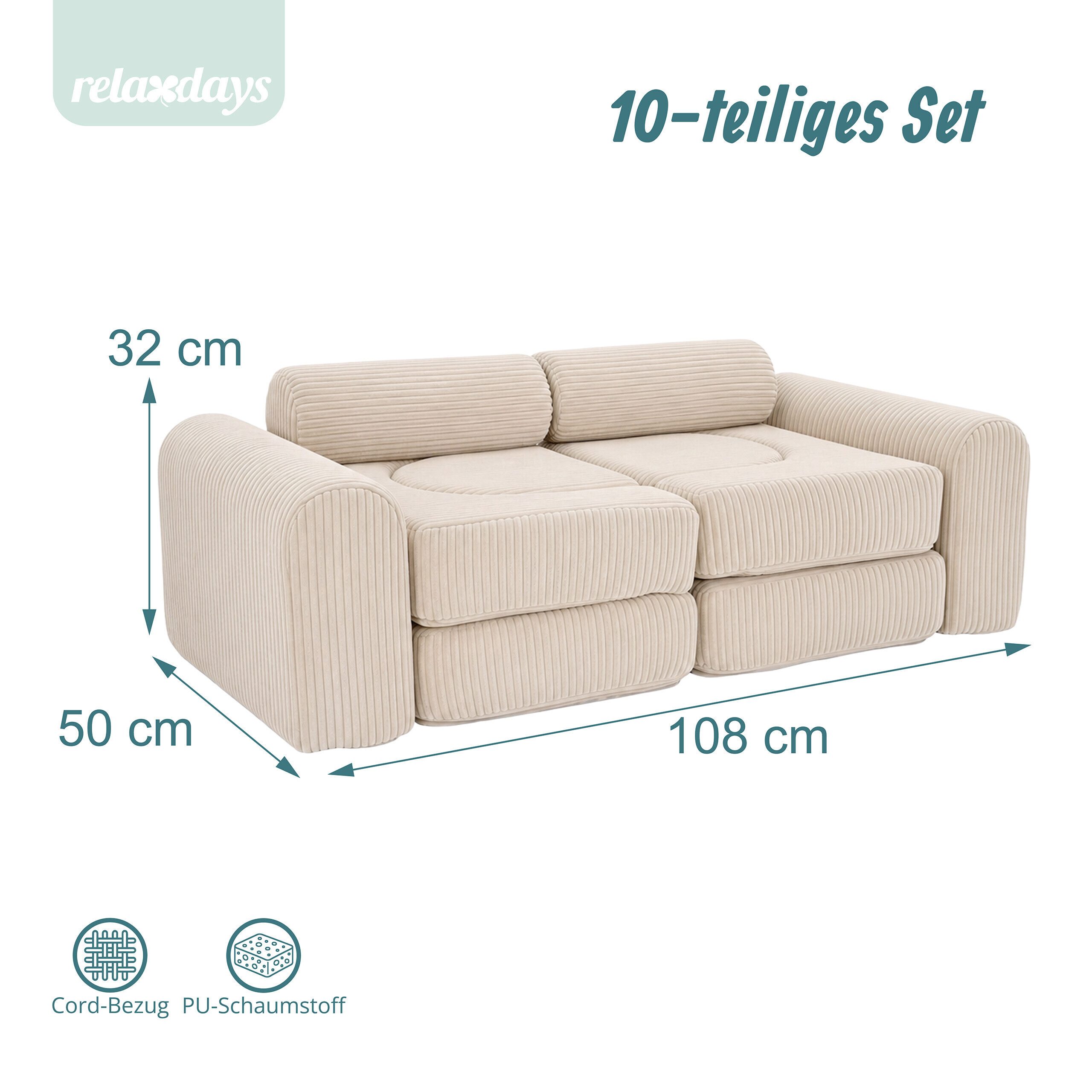relaxdays Kindersofa 10-tlg. Kinder Spielsofa modular, 10 Teile, Beige – Bild 4 von 5