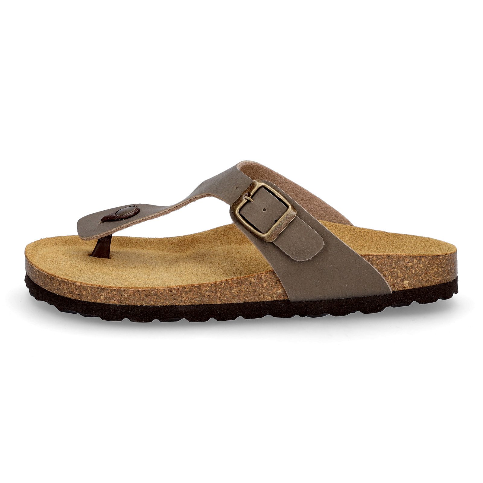 MIDS MIA Damen Pantolette taupe, Zehentrenner mit Lederfußbett, Schnalle und Korksohle