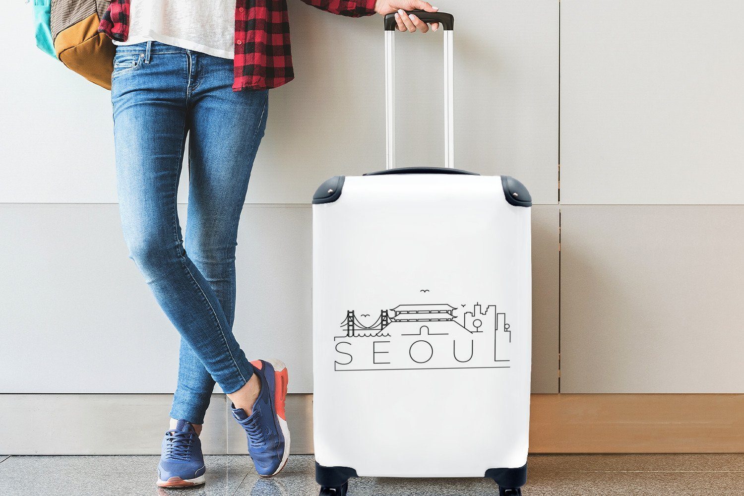 MuchoWow Handgepäckkoffer Handgepäck rollen, Hintergrund, 4 weißem mit Skyline Reisekoffer für Trolley, Rollen, auf Reisetasche Ferien, "Seoul"