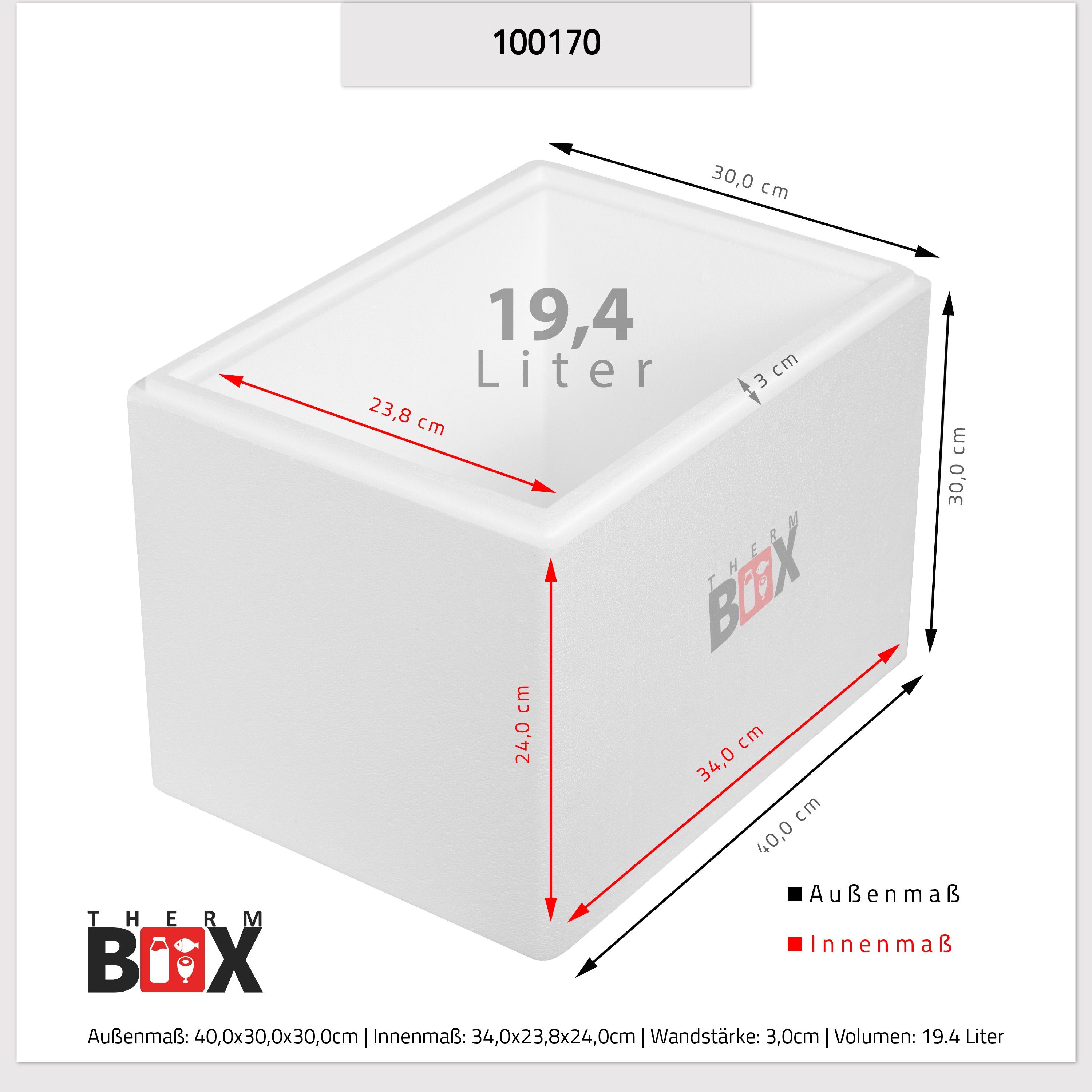 THERM-BOX Thermobehälter Styroporbox 19W Innen: 34x23x24cm Wand: 3cm 19,4L,  Styropor-Verdichtet, (1, 0-tlg., Box mit Deckel im Karton), Isolierbox  Thermobox Kühlbox Warmhaltebox Wiederverwendbar