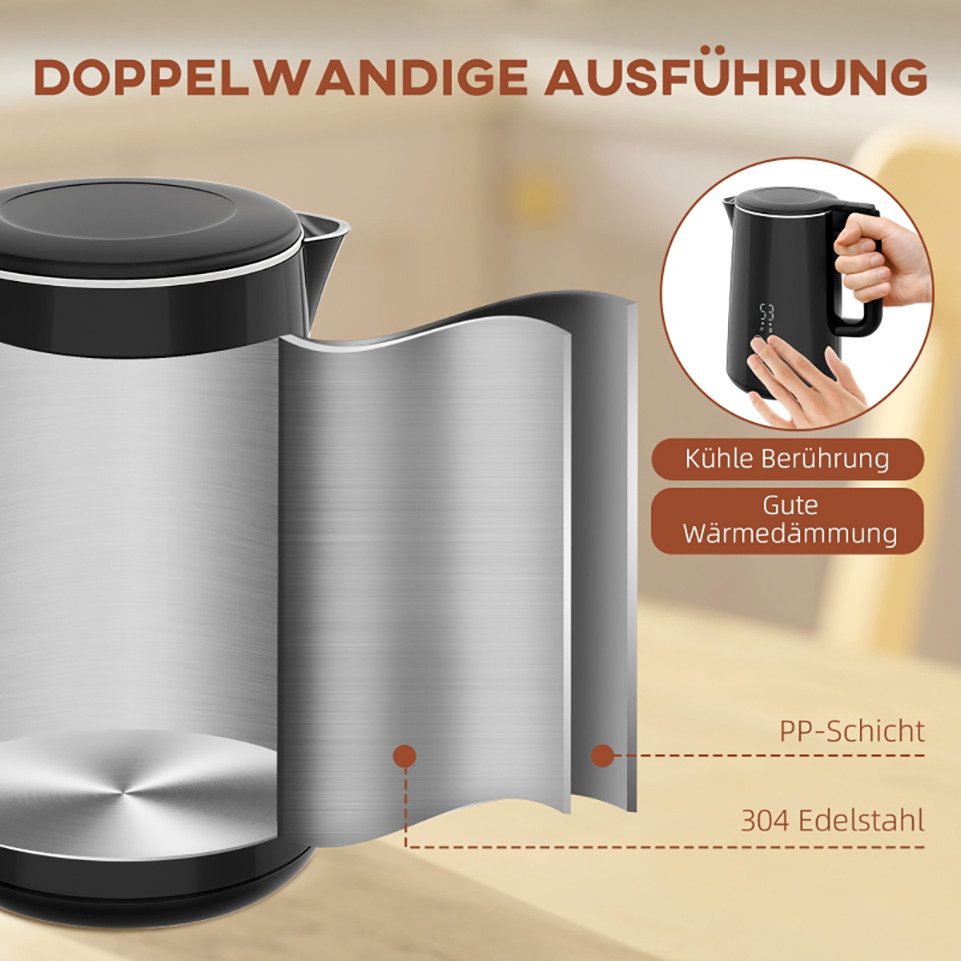 WHEELYOU Wasserkocher Wasserkocher & Toaster Set 1,5L, 2 Scheiben, 7 Bräunungsstufen, 2200 W, Edelstahl