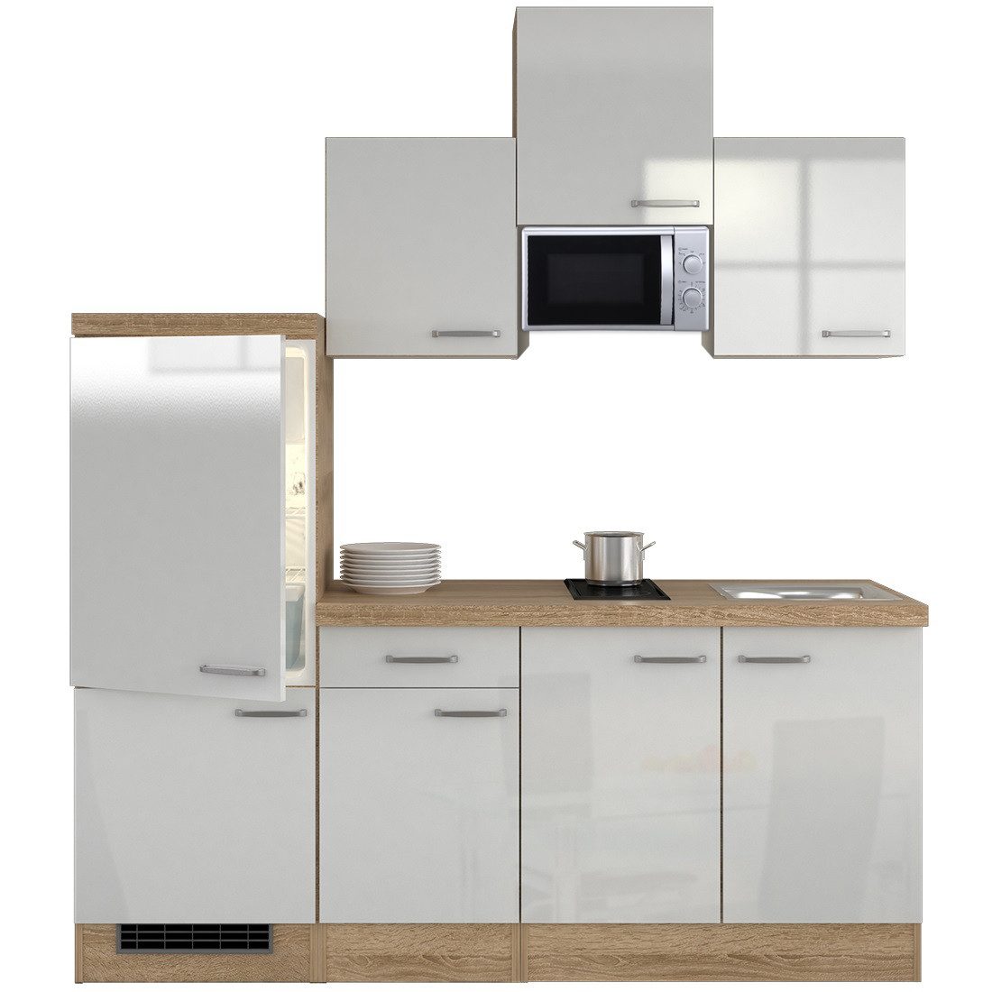 Flex-Well Küchenzeile Singleküche mit E-Geräten - 210 cm breit - Hochglanz Weiß Sonoma Eiche