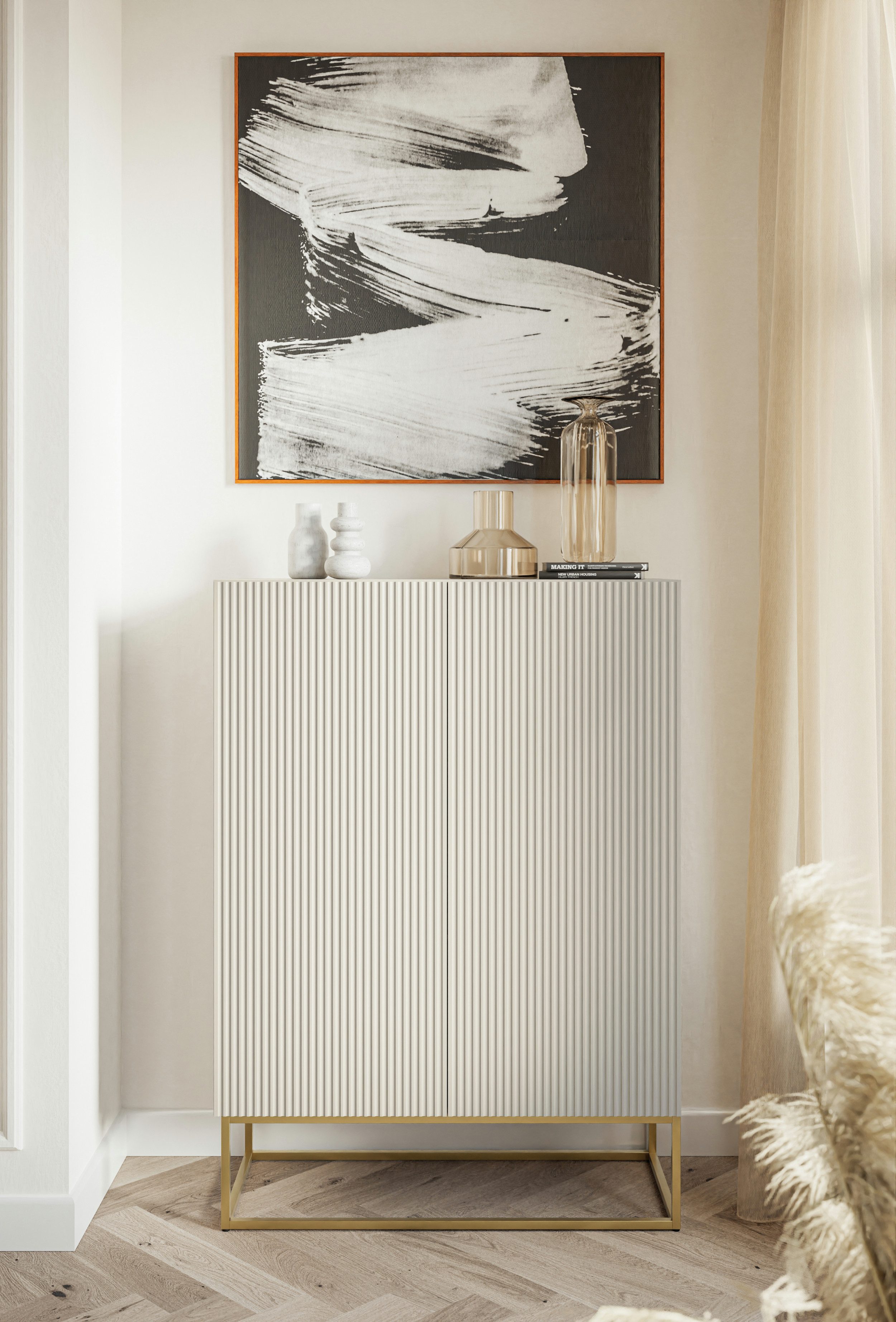 Selsey Highboard VELDIO, Highboard 2-türig mit 3 Fächern, Lamellenfronten und goldenen Beinen