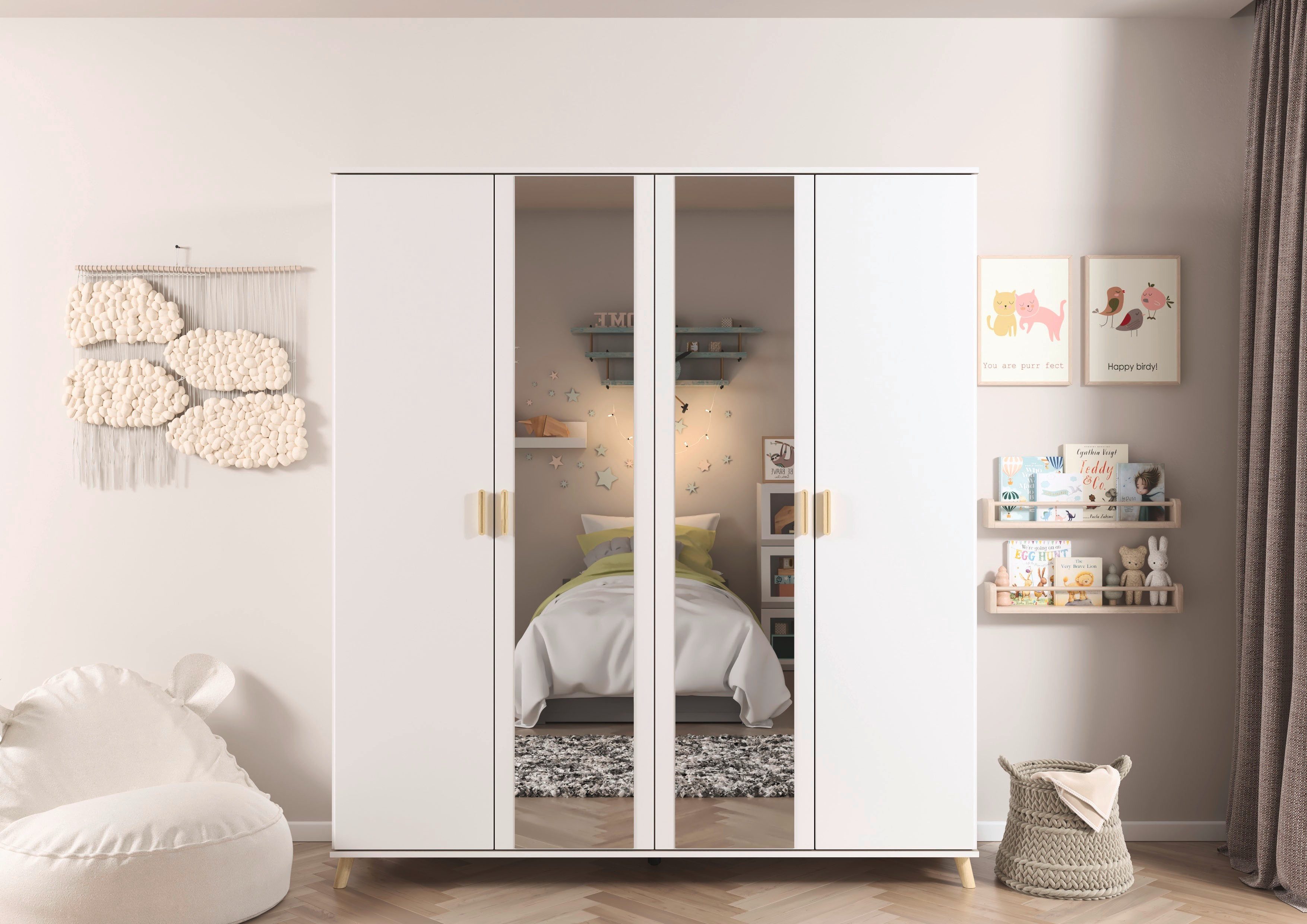 rauch Kleiderschrank Skandi Kinderzimmer Schlafzimmerschrank FALUN (Breite 137/182, Höhe 203 cm) im modernen Skandi-Look, Füße/Griffe Eiche massiv MADE IN GERMANY