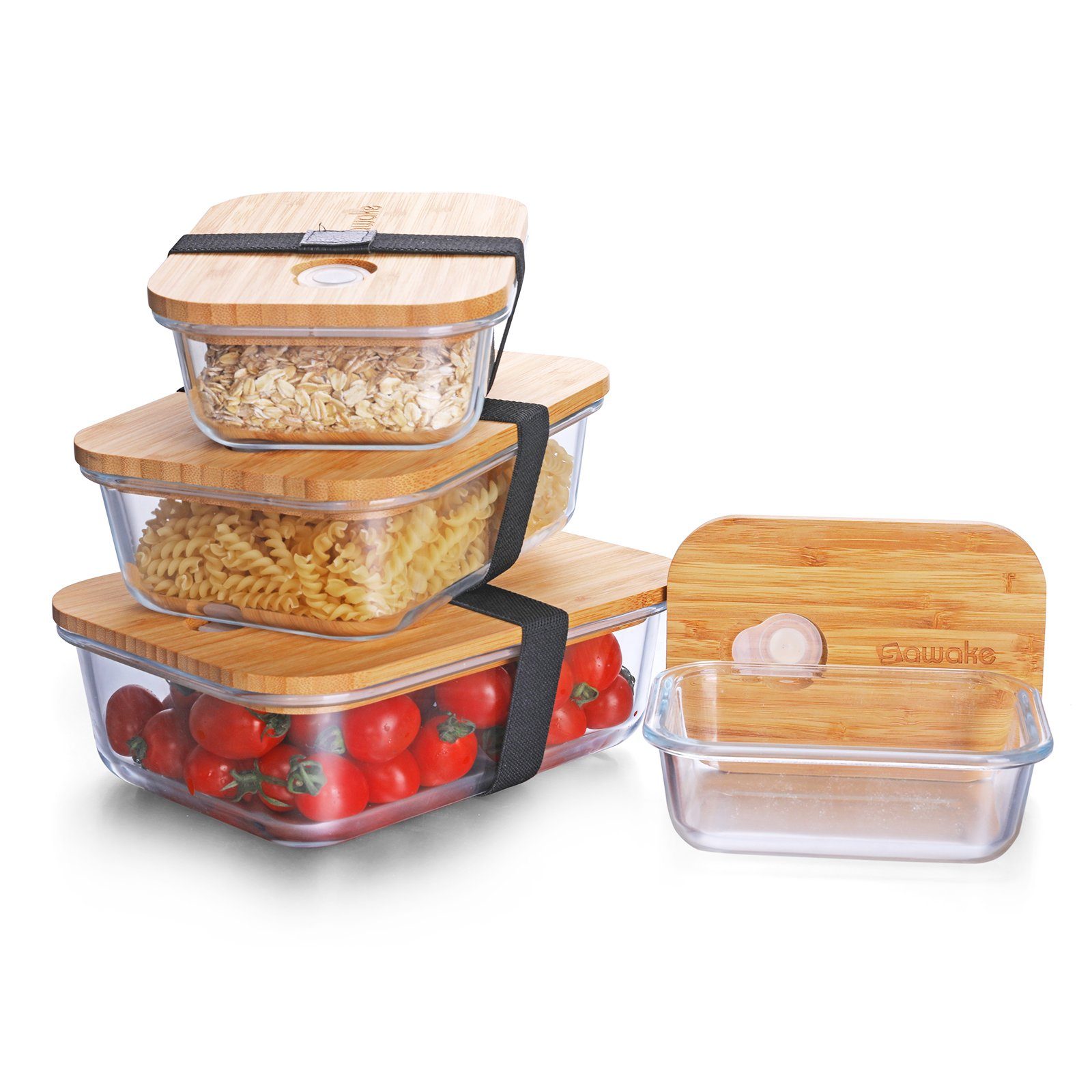 SAWAKE Frischhaltedose, Glas, Bambus, (4-tlg), Frischhalteboxen Set mit  Deckel Gummiband