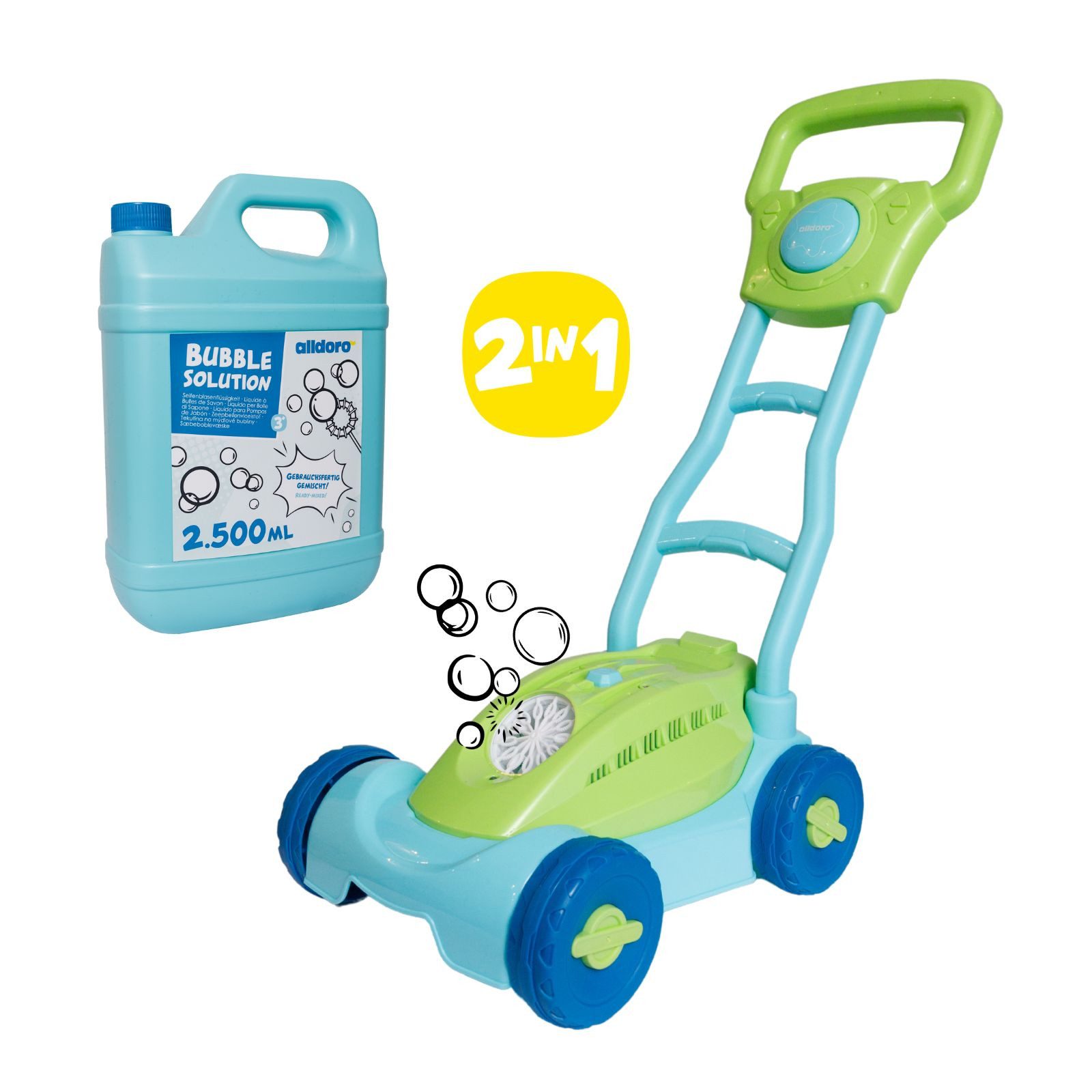 alldoro Мильні бульбашкиspielzeug 2 in 1 Set: Мильні бульбашки-Rasenmäher mit 2,5L Nachfüllkanister, auslaufsicher, Licht & Hupe + XXL-Nachschub für Kinder ab 3 Jahren