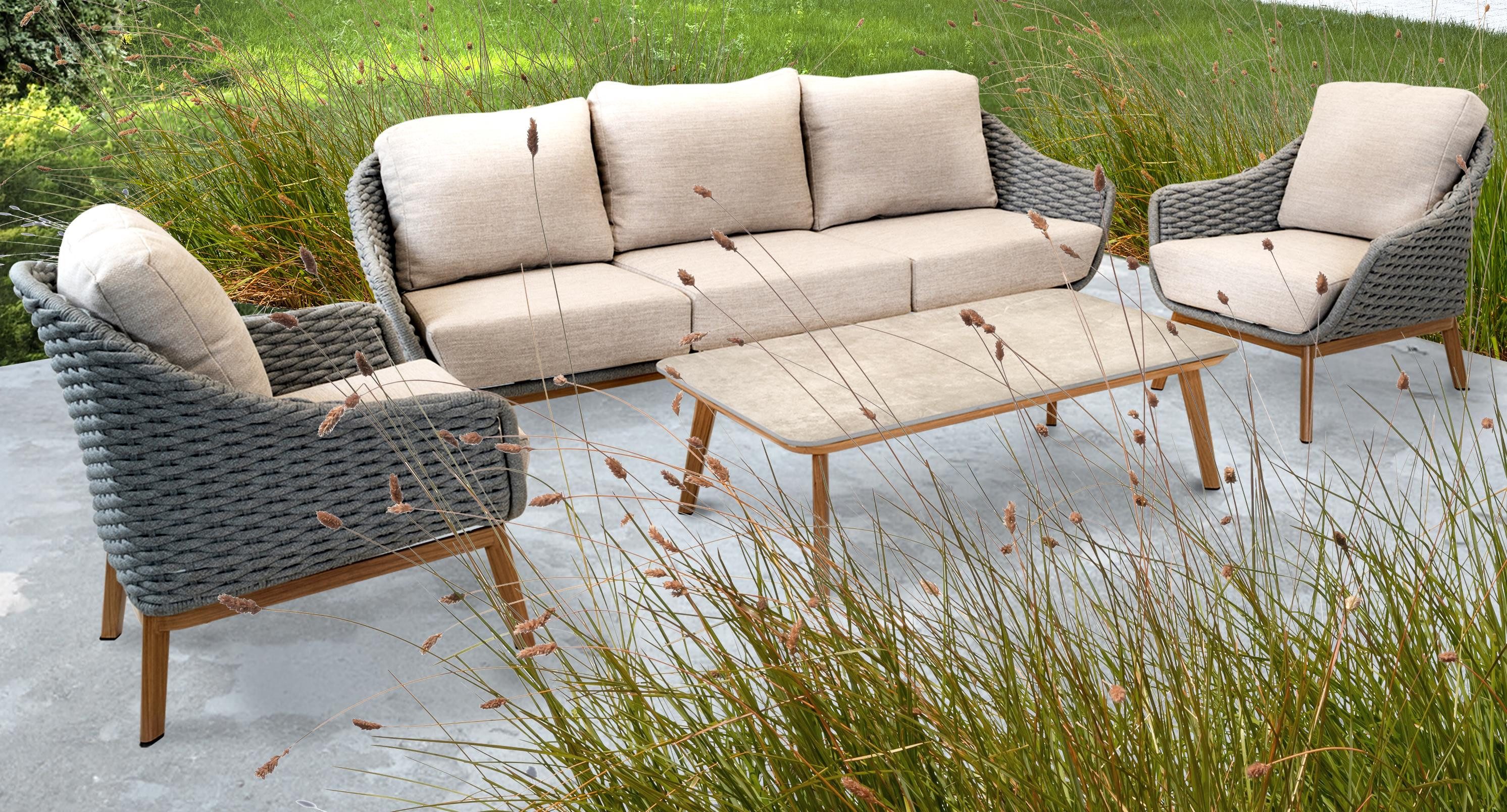 Gartentrends Gartenlounge-Set Ibiza, (4er-Set), (4er-Set) Sessel 80x77x84x77cm, Bank 216x75x84cm, Tisch 120x35x70cm