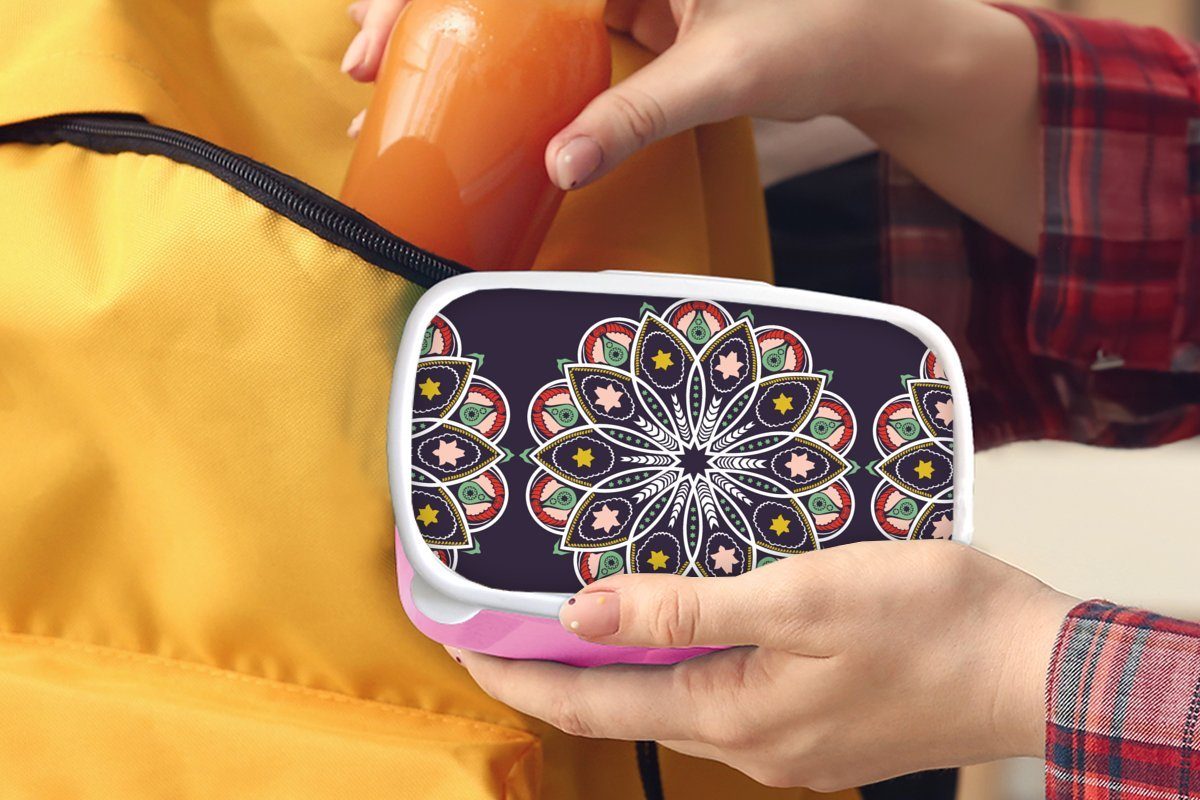 MuchoWow Lunchbox Mandala - Kunststoff rosa Mädchen, Brotdose für Brotbox Stern Entwurf, Erwachsene, Kunststoff, Kinder, Snackbox, (2-tlg), 