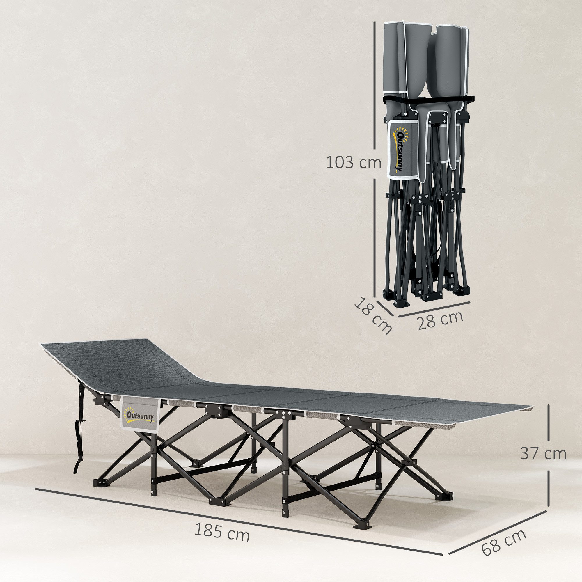 Outsunny Feldbett Campingliege für Erwachsene Klappbett mit Matratze Kopfkissen (Gästebett bis 150 kg, 1-St., faltbar Campingbett) 185 x 68 x 37 cm, für Outdoor, Garten Camping Reisen Hellgrau