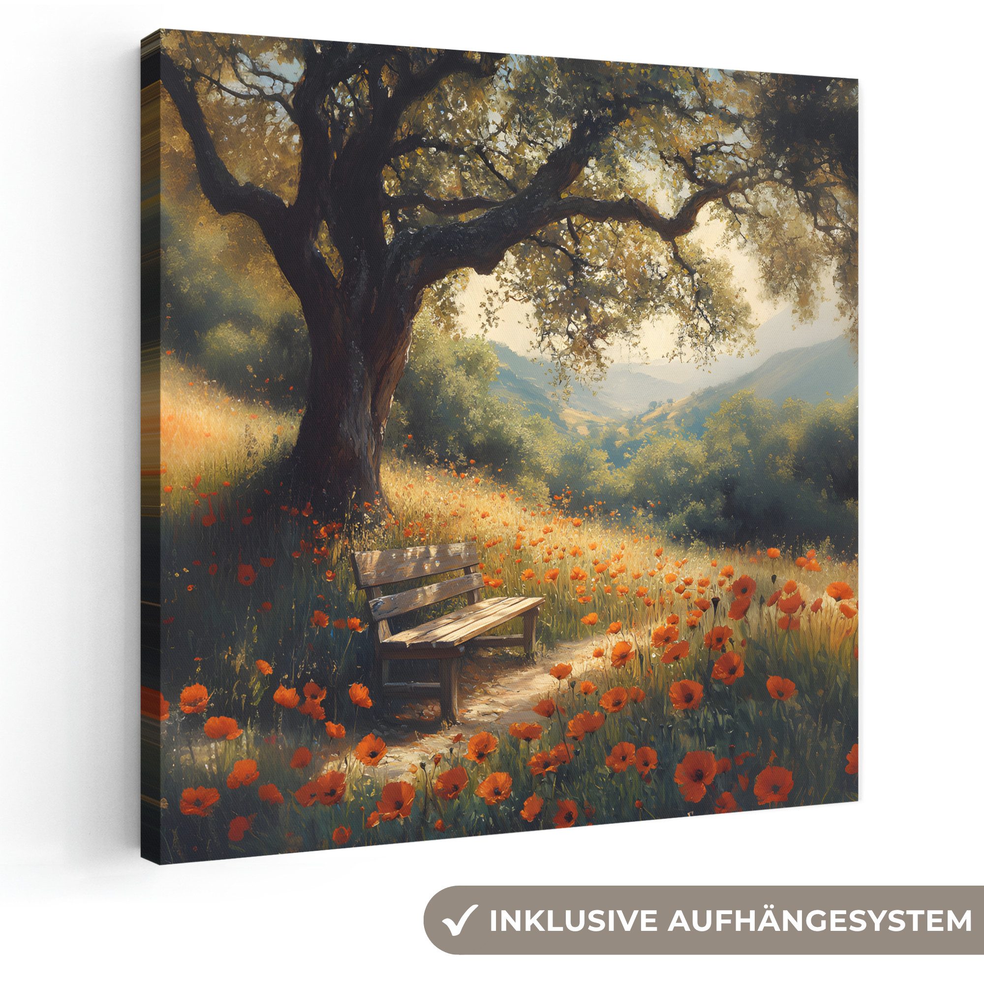 OneMillionCanvasses® Leinwandbild Bank - Baum - Mohnblumen - Hügel, Fotodruck (1 St), Wandbild, Deko Schlafzimmer Wohnzimmer Flur 20x20 cm