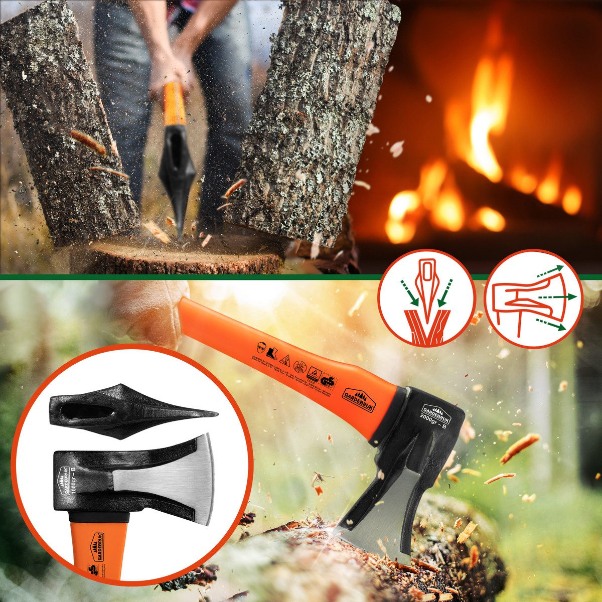 Gardebruk Axt, Beil Set ergonomischer Handgriff Gummischutz Universal Spaltaxt