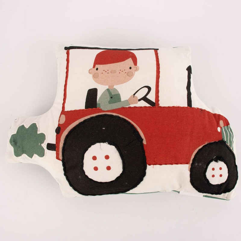 SCHÖNER LEBEN. Dekokissen Kinderkissen Traktor aus Baumwolle grün weiß rot schwarz 40x27cm