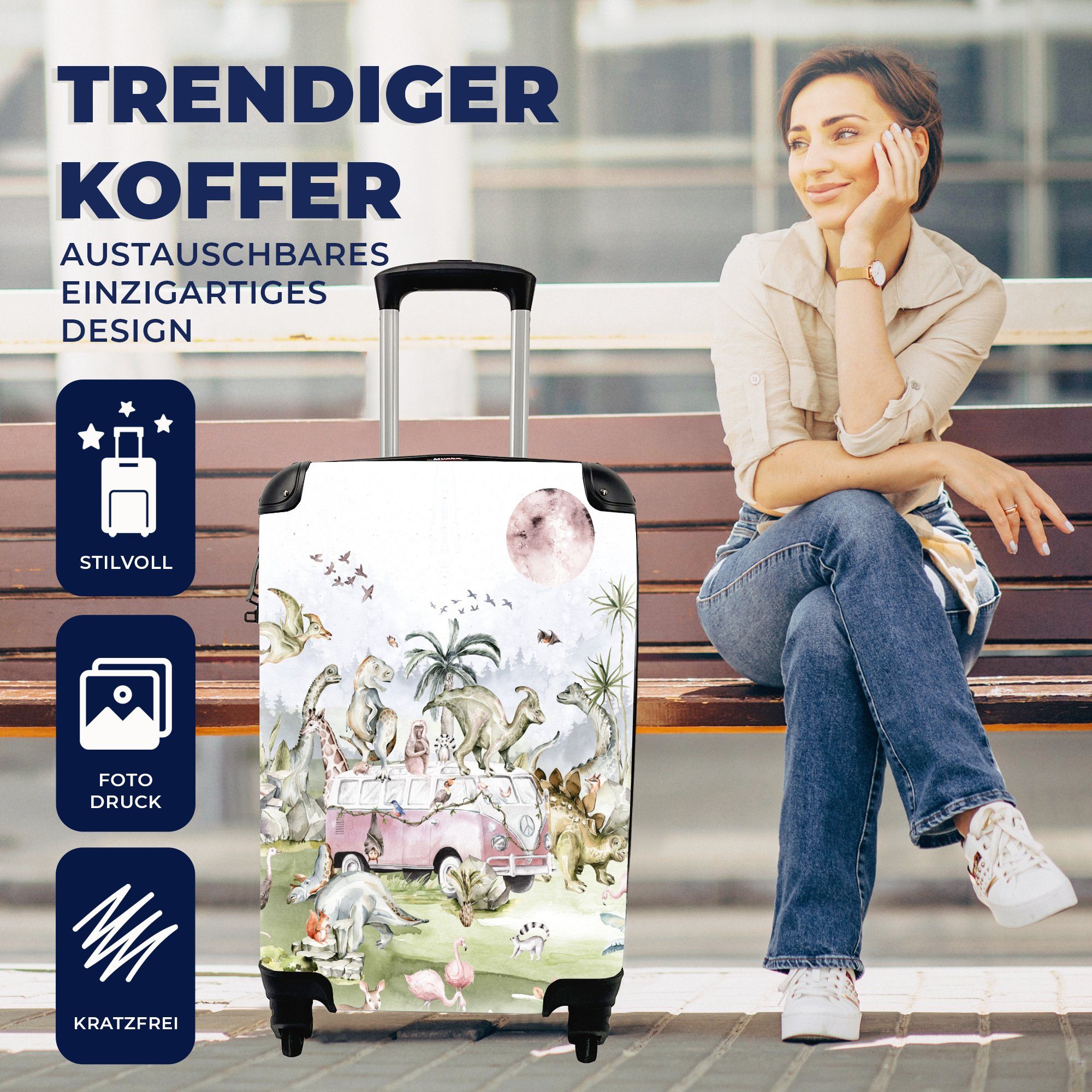 Ferien, Rollen, für rollen, Bus Reisetasche Dinosaurier - 4 Kinder - mit Tiere Handgepäckkoffer Handgepäck Reisekoffer - Kinder, MuchoWow - - Bäume Trolley,