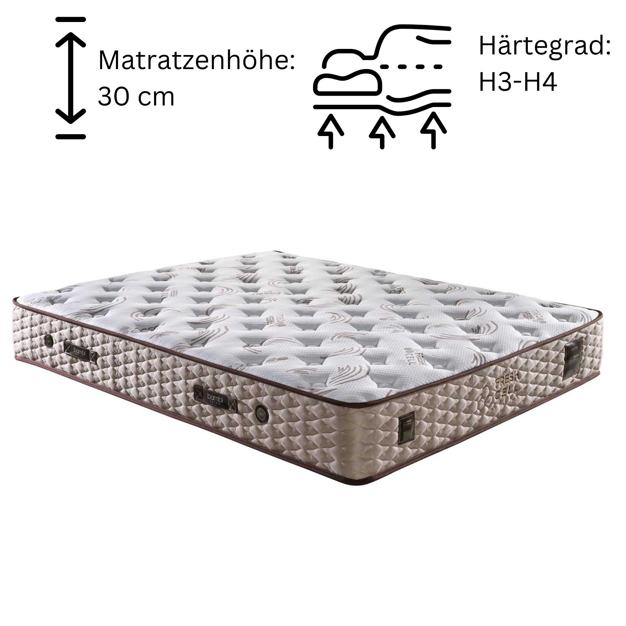 Taschenfederkernmatratze 7 Schichten Höhe 25 cm Matratze 90x200 - 180x200 Doppelseitige, Bambi, 30 cm hoch