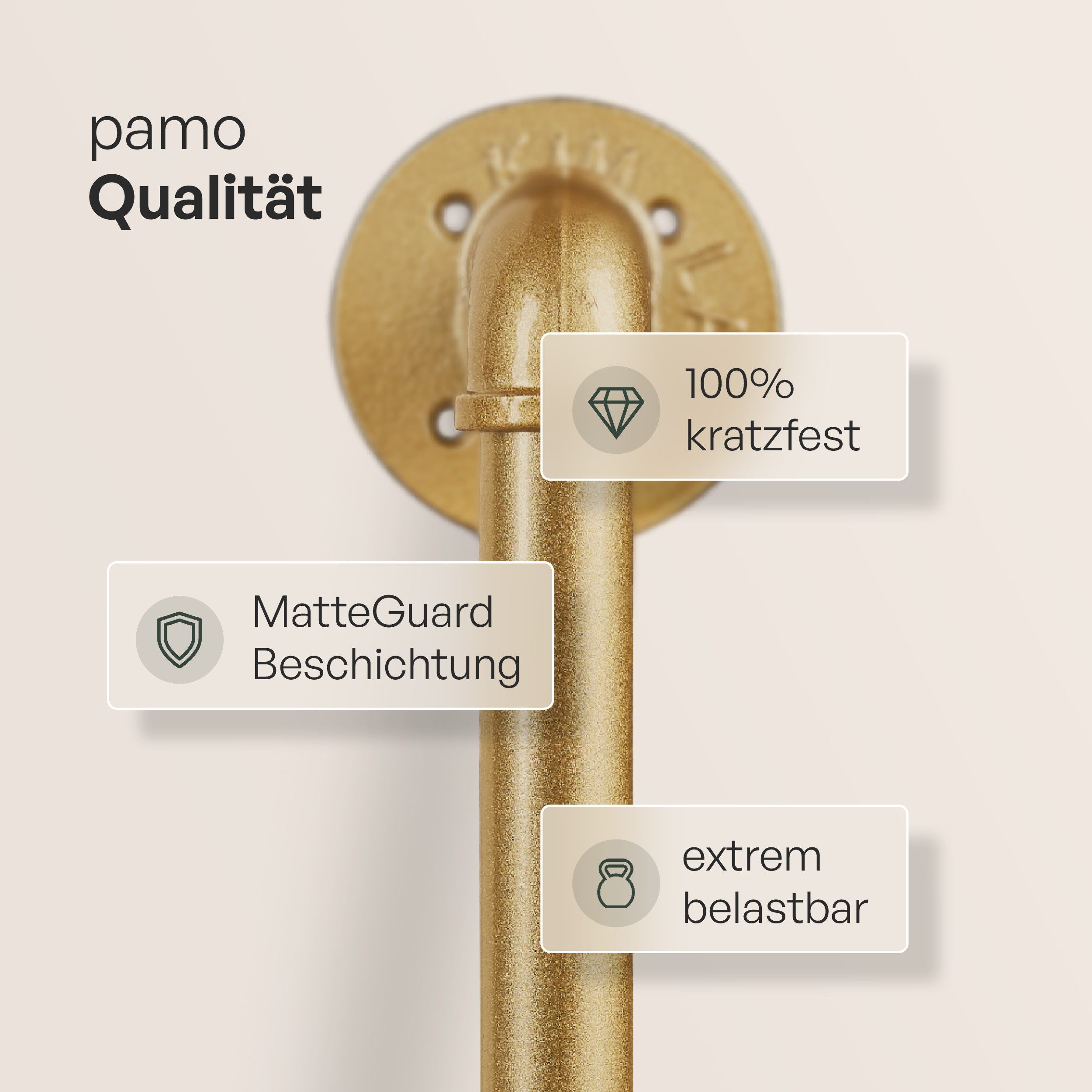 pamo. design Kleiderständer KIM Kleiderstange Wandmontage, offener Kleiderschrank, Kleiderständer, Goldener Garderobenständer im Industrial Design für Kleidung