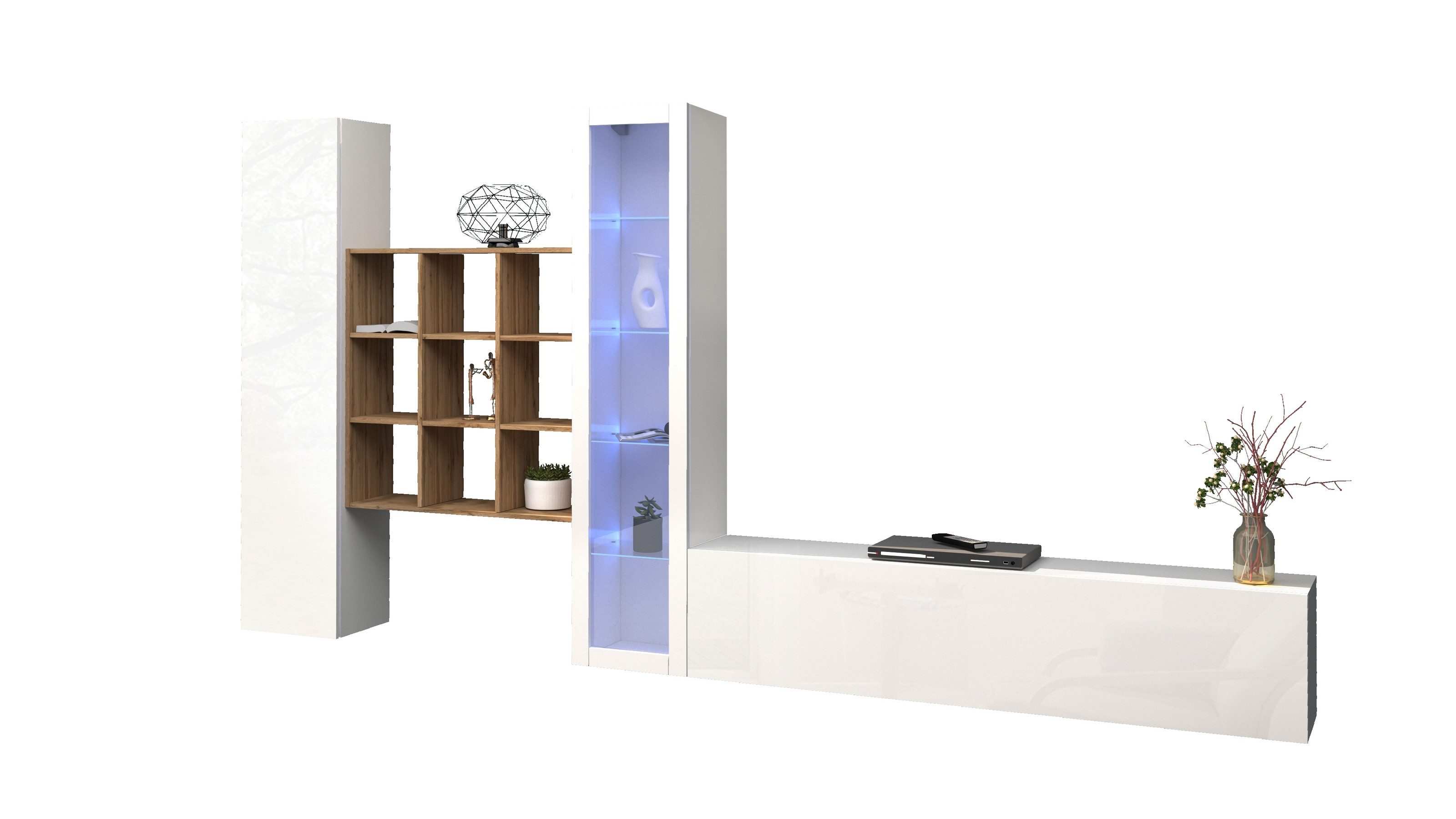 freiraum Wohnwand Benevent, (4-teilig), (4-teilig) in Weiß Hochglanz - 350x180x30 (BxHxT)